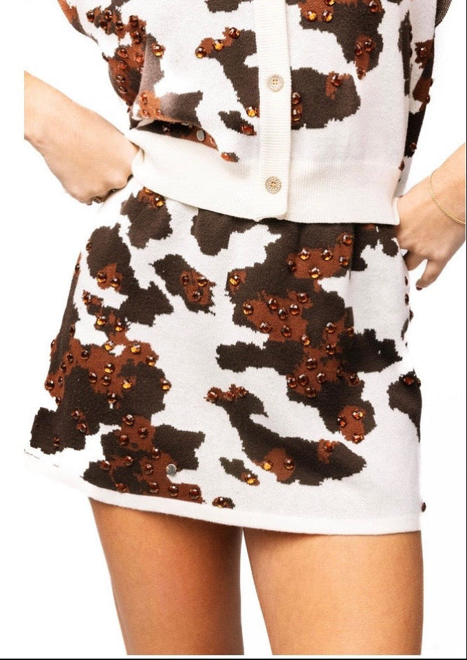 Queen Of Sparkles - White and Brown Sequin Cow Print Skirt