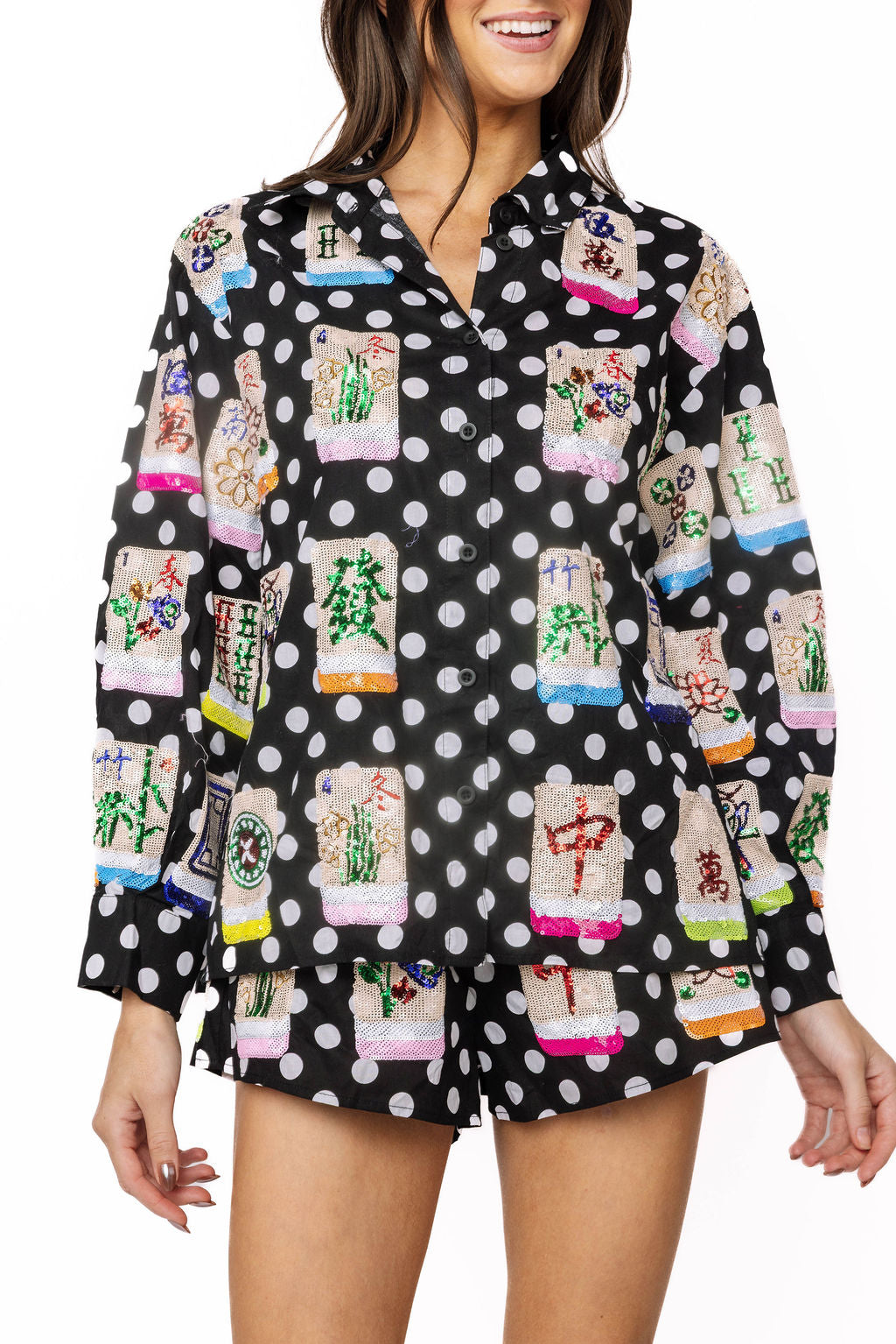 Queen of Sparkles Black Whit Polka Dot Mahjong Collared Top