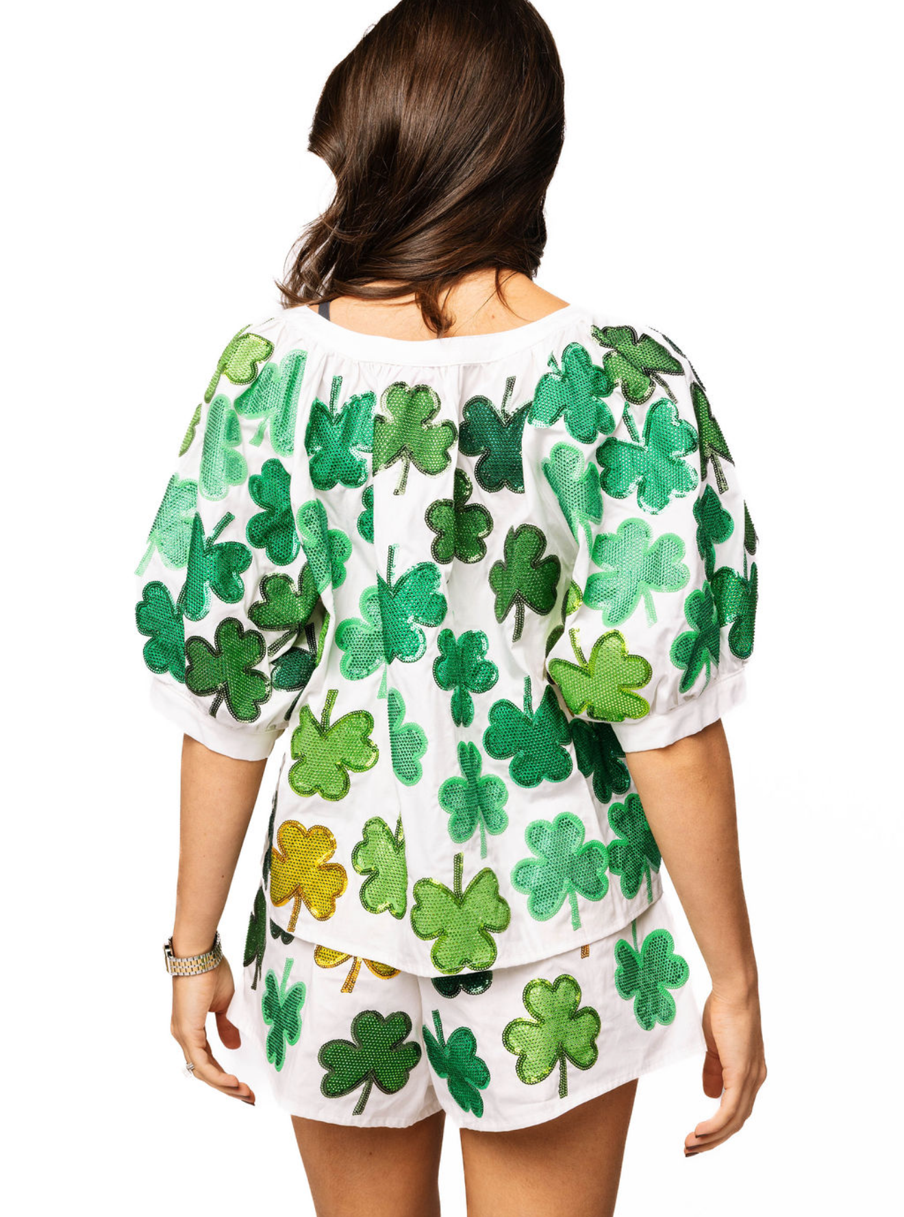 Queen of Sparkles - White & Green Rhinestone Shamrock Top