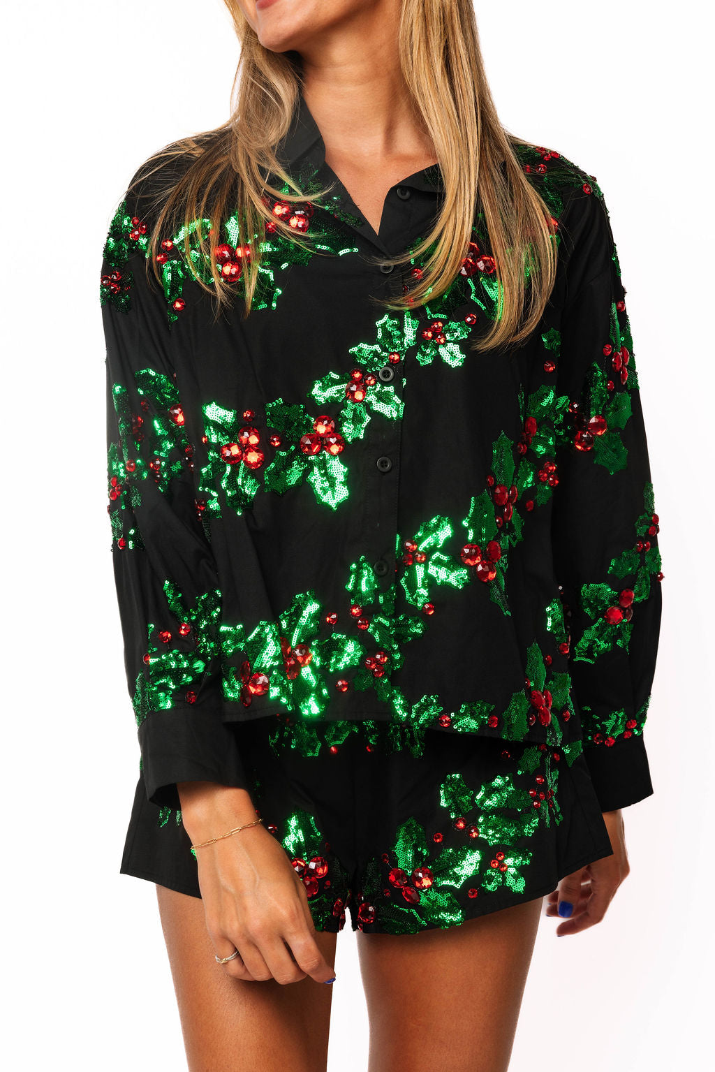 Queen of Sparkles Black Green Garland Button Up