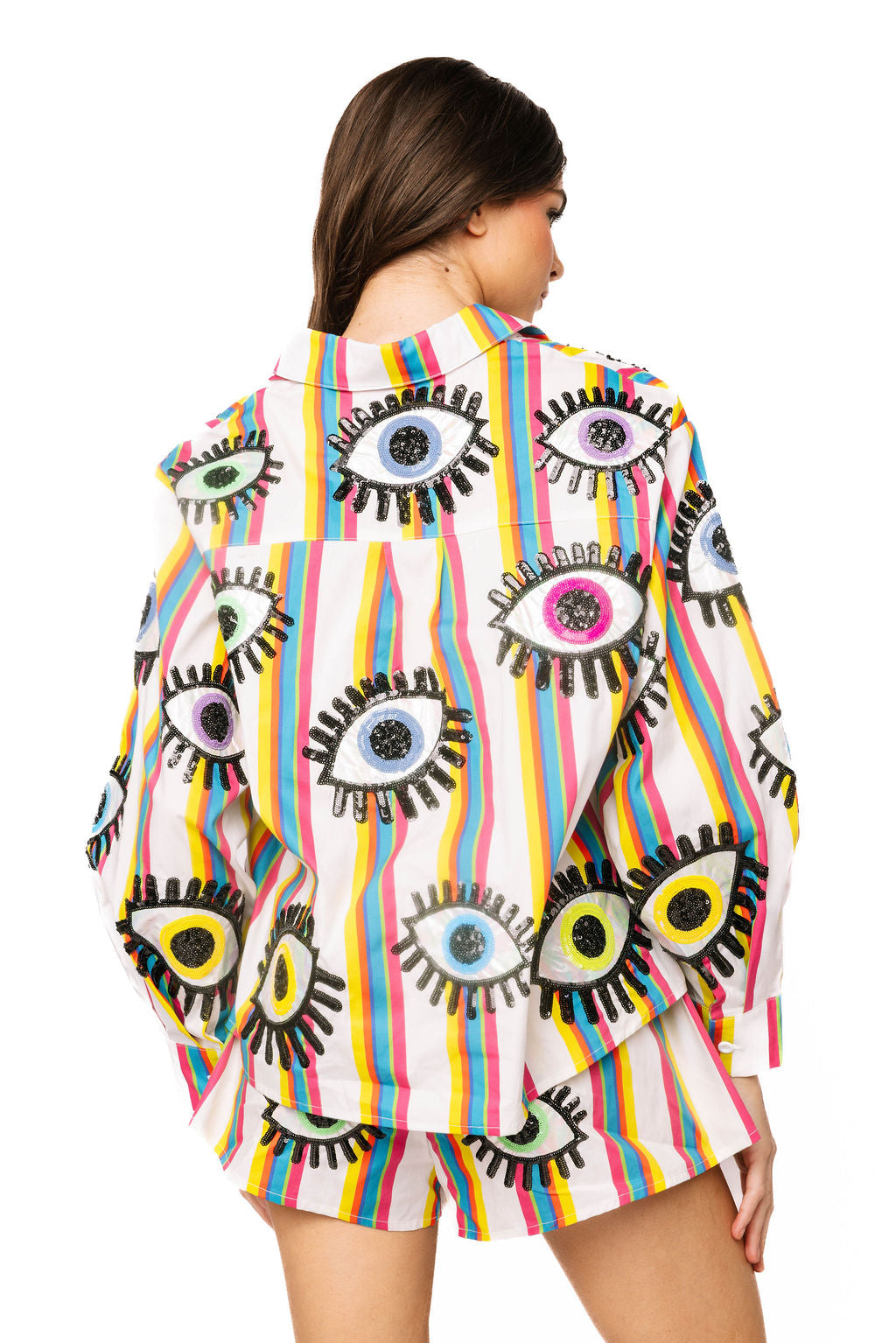 Queen of Sparkles Rainbow Striped Eye Button Up