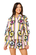 Queen of Sparkles Rainbow Striped Eye Button Up