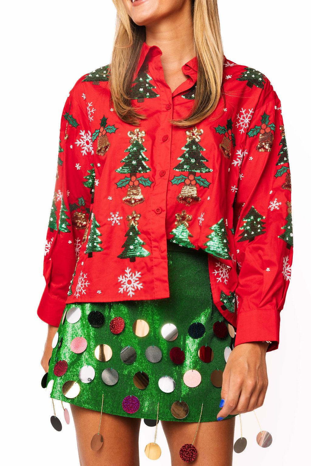 Queen of Sparkles Red Button Up Christmas Trees and Holly