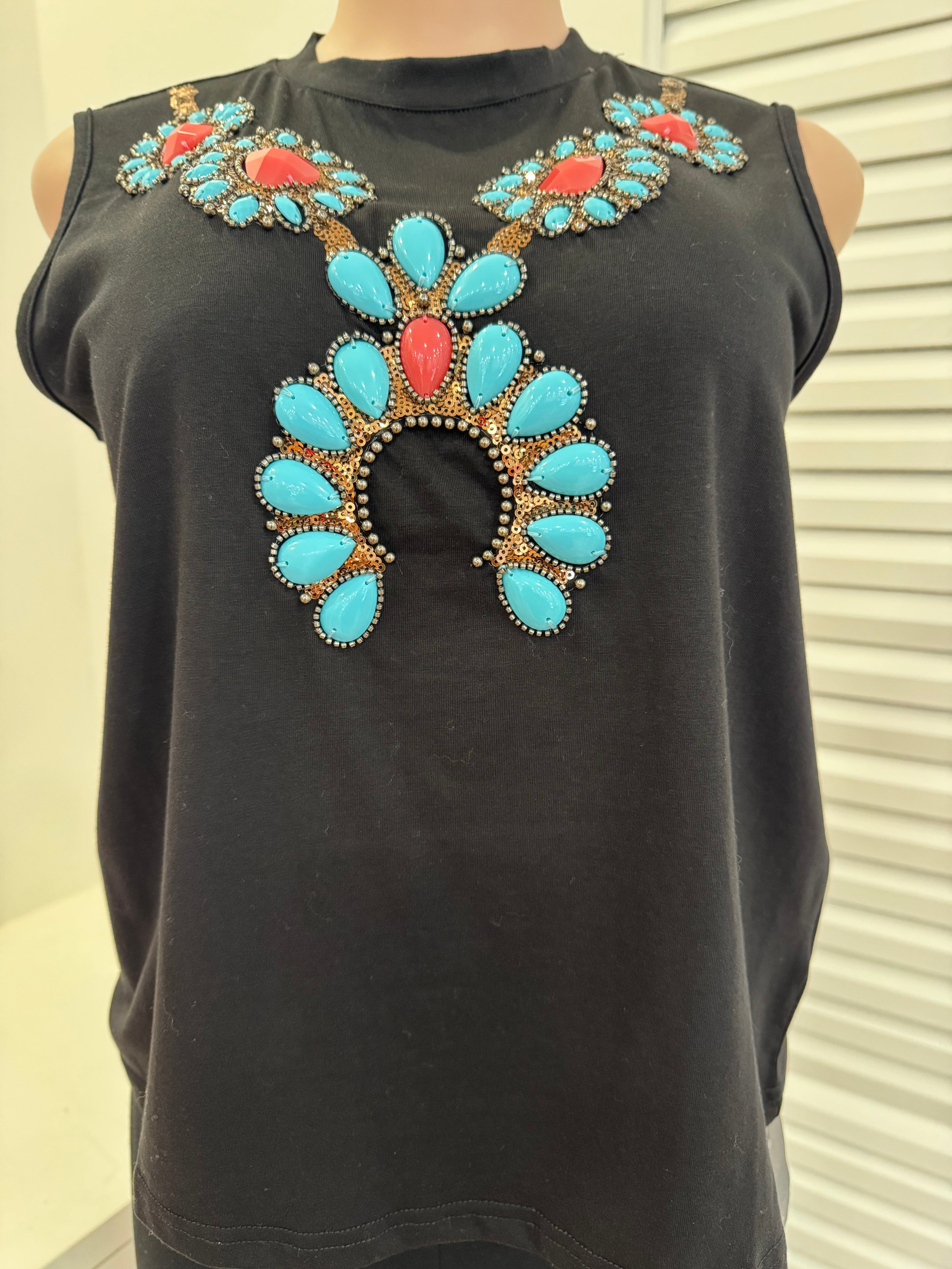 Queen of Sparkles-Black Turquoise Necklace Tank