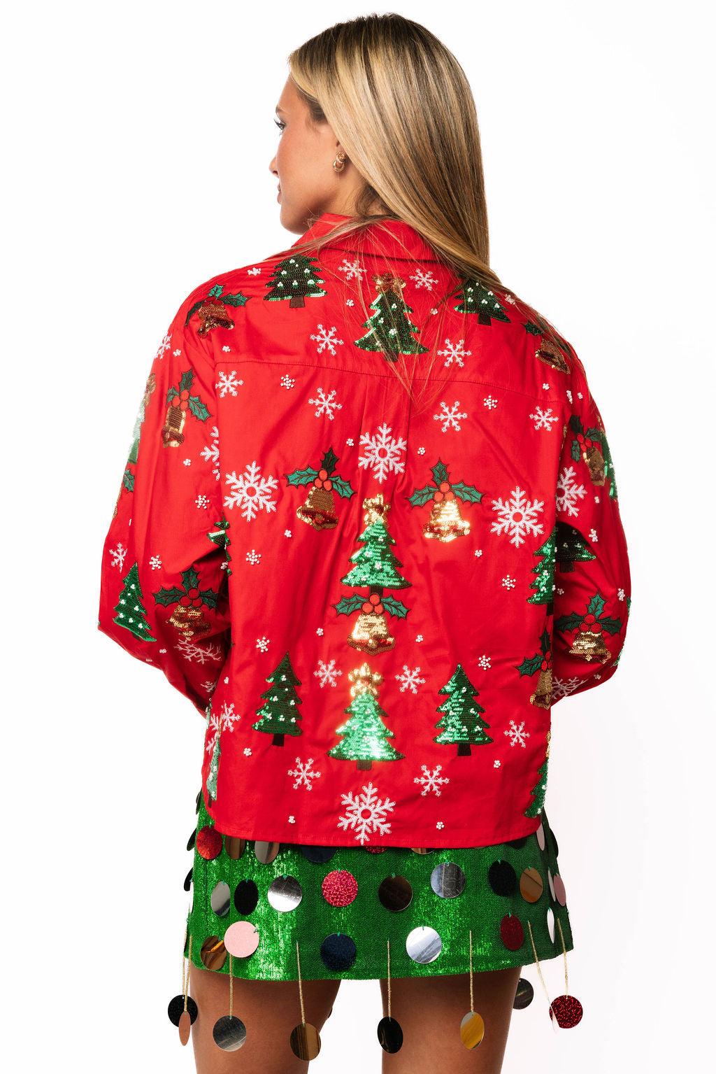 Queen of Sparkles Red Button Up Christmas Trees and Holly