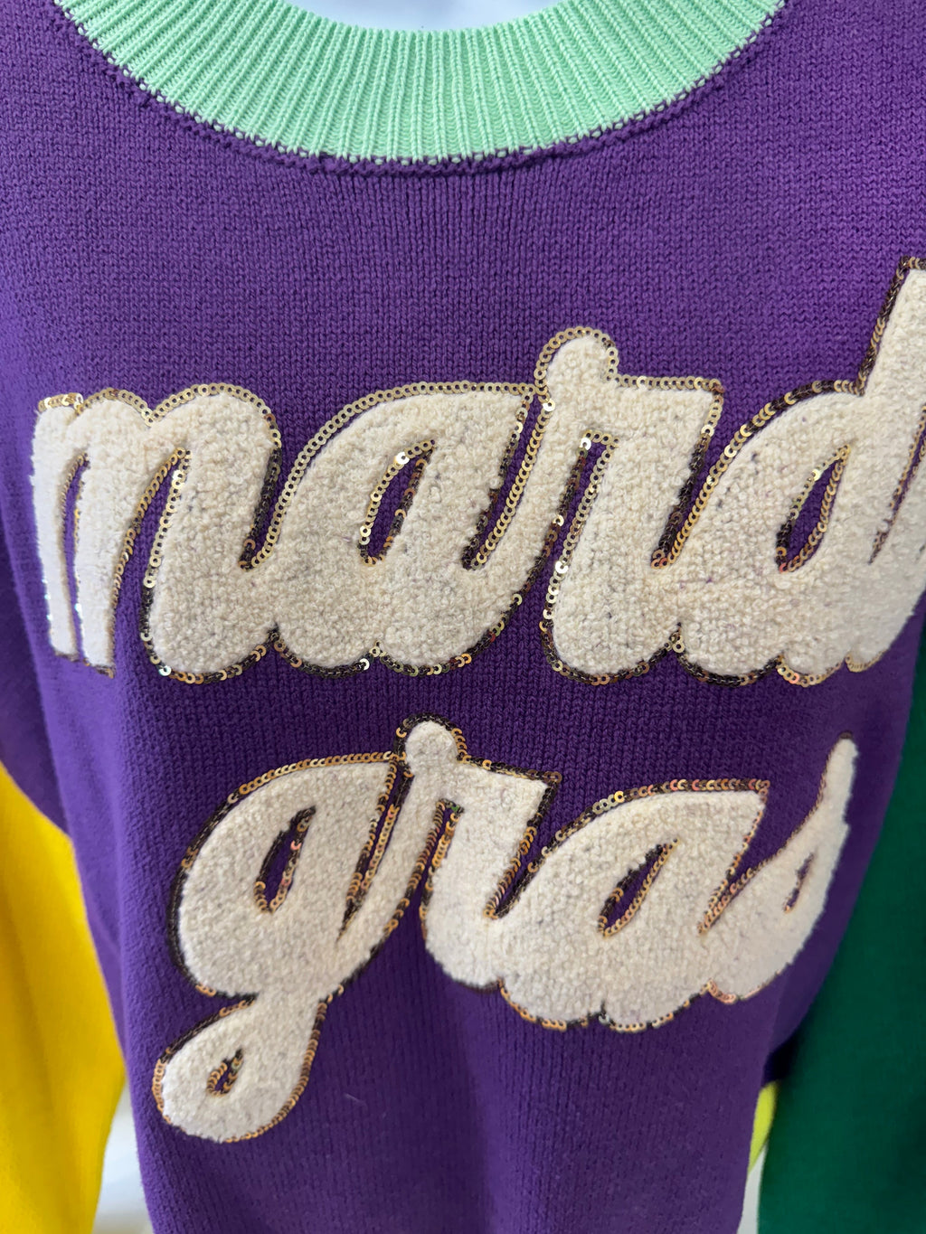 Queen of Sparkles-Mardi Gras Color Block Sweater