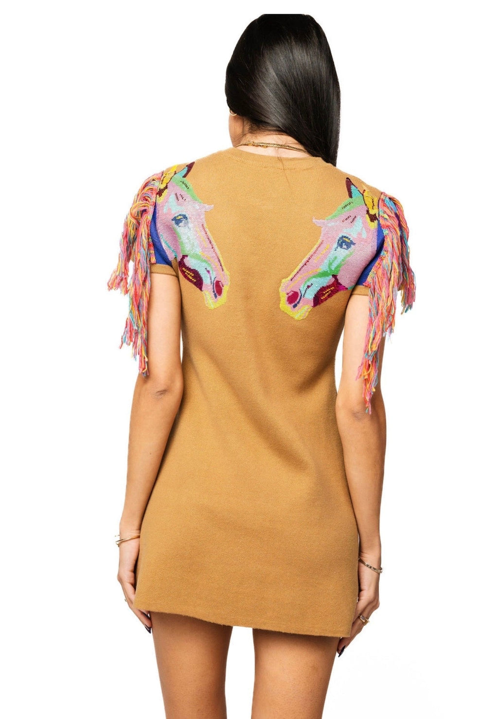 Queen of Sparkles-Tan Fringe Horse Head Button Up Knit Dress