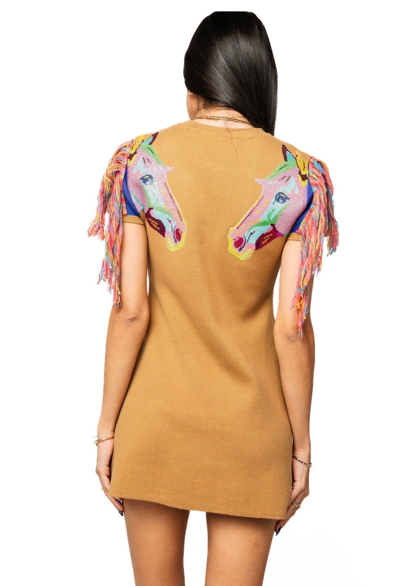 Queen of Sparkles-Tan Fringe Horse Head Button Up Knit Dress