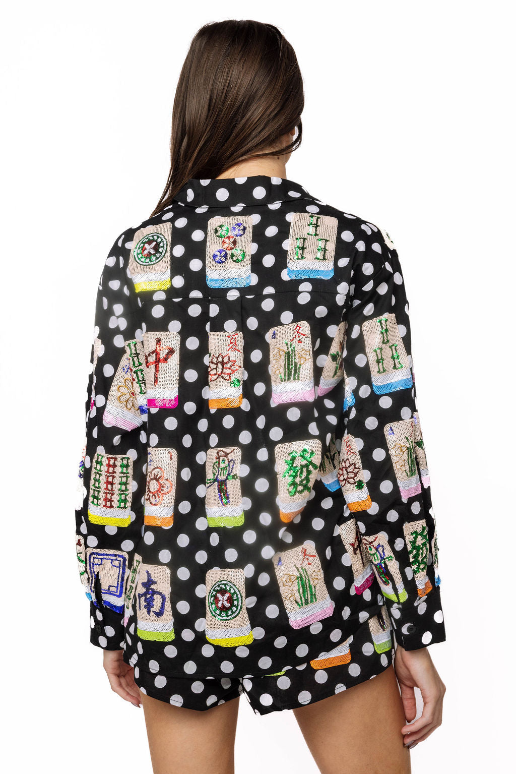 Queen of Sparkles Black Whit Polka Dot Mahjong Collared Top