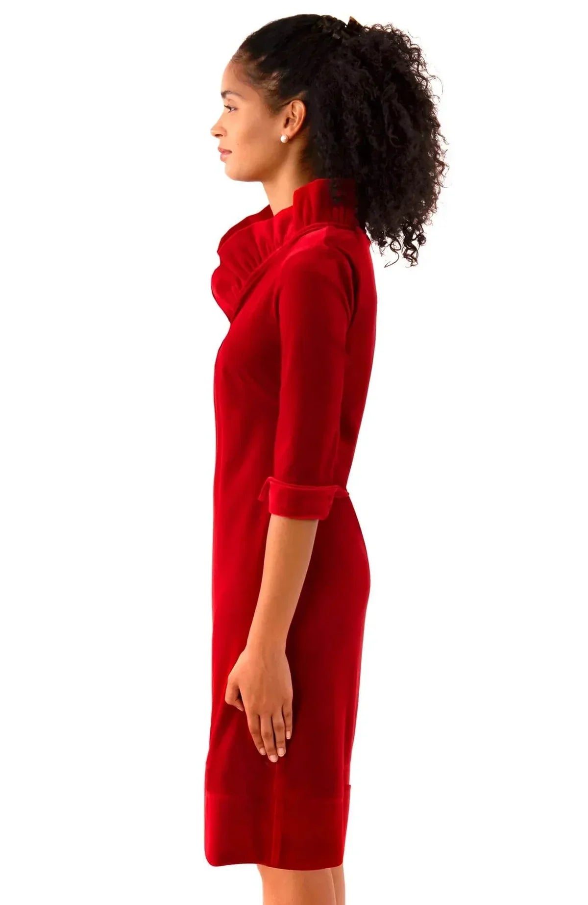 Gretchen Scott - Ruffneck Dress Silky Velvet Red