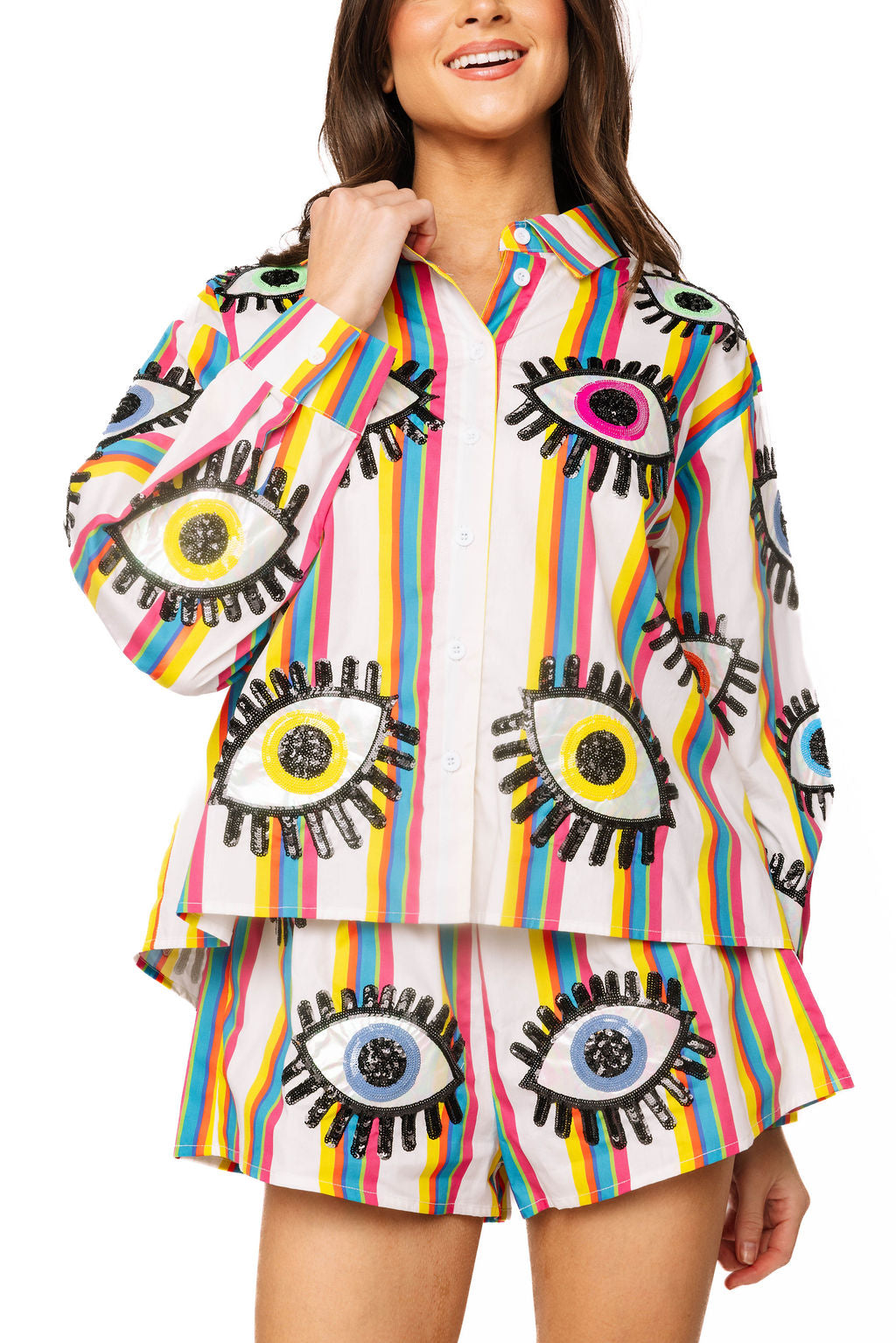 Queen of Sparkles Rainbow Striped Eye Button Up