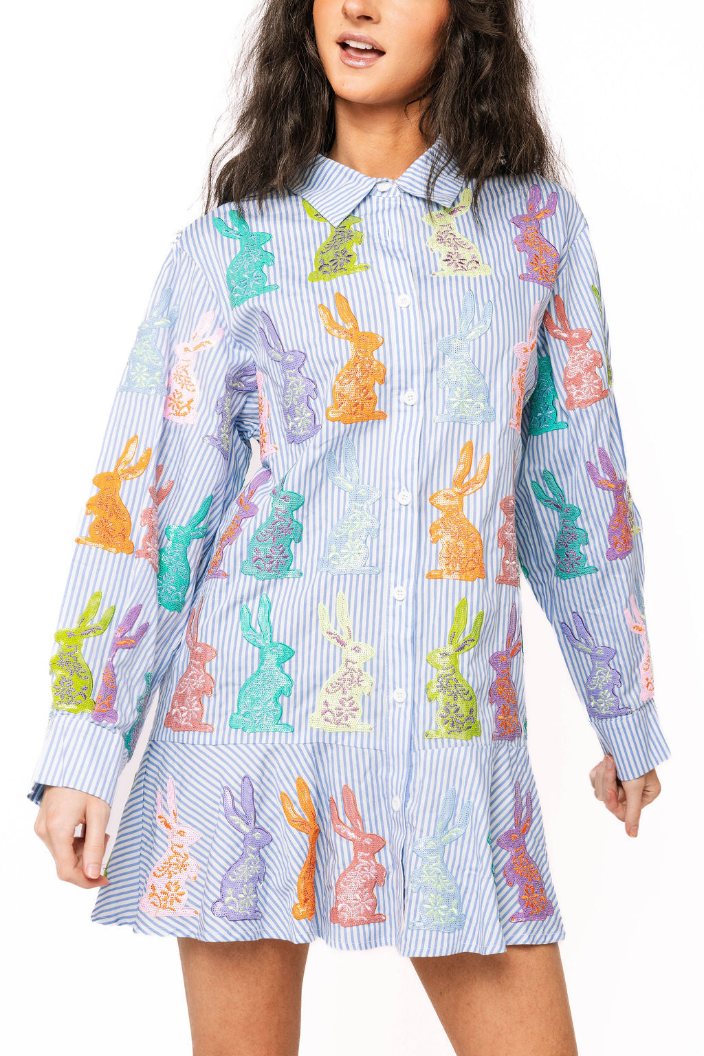 Queen of Sparkles blue and white striped Easter bunny dress