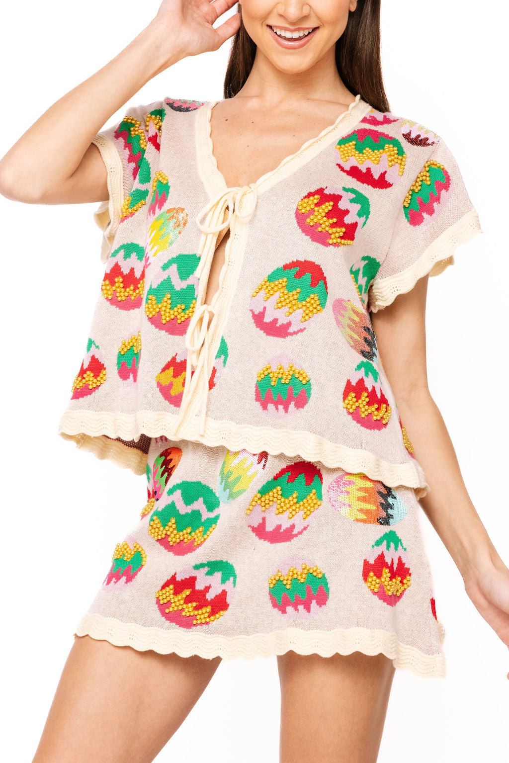 Queen of Sparkles Multi Easter Egg Tie Up Knit Top