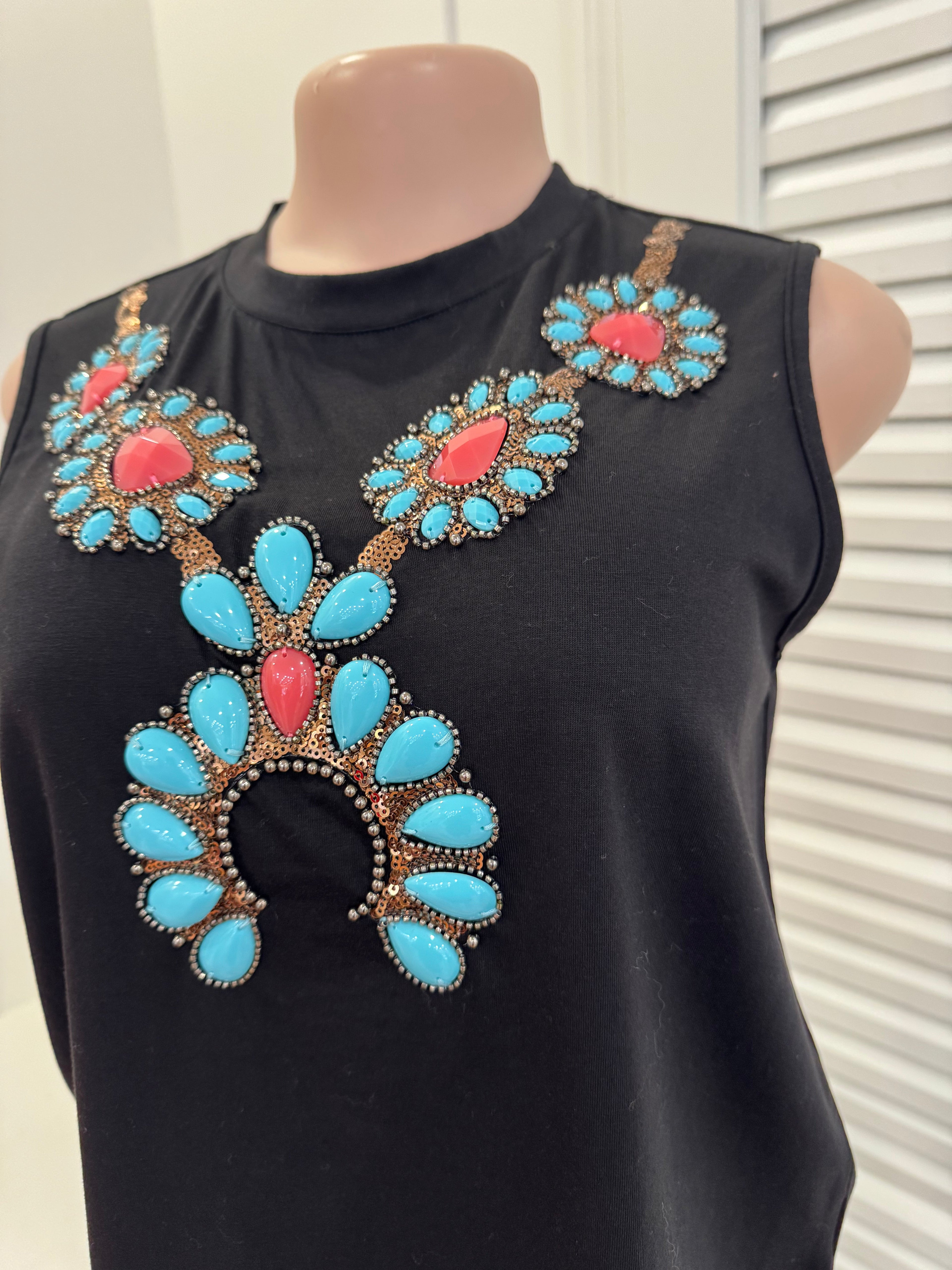 Queen of Sparkles-Black Turquoise Necklace Tank