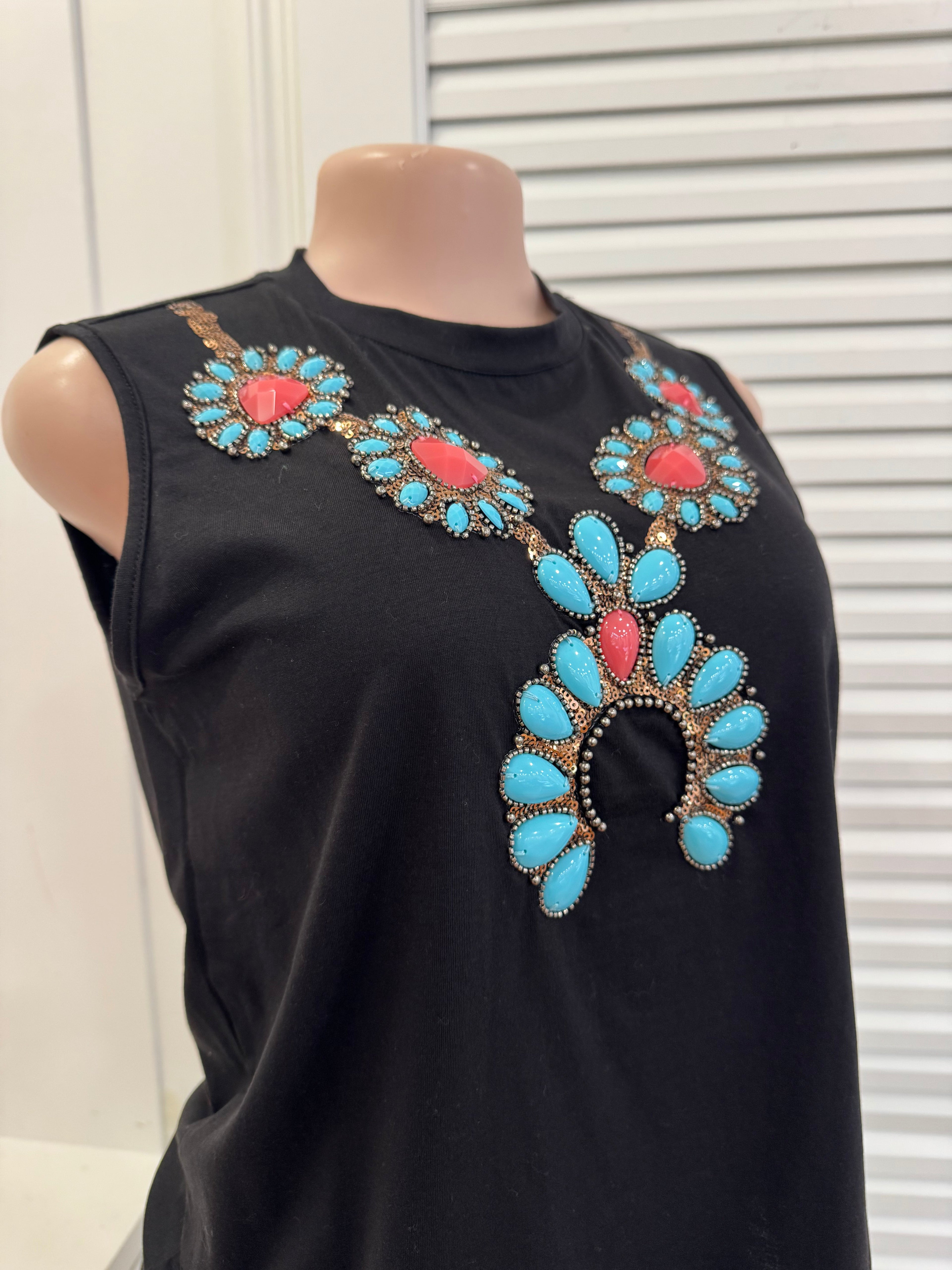Queen of Sparkles-Black Turquoise Necklace Tank