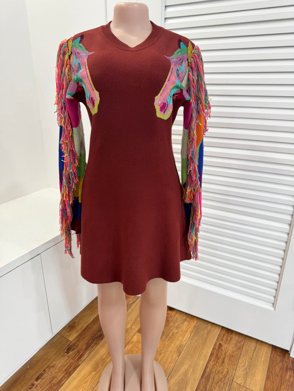 Queen of Sparkles-Brown Knit Dress with Fringe Horse Hair