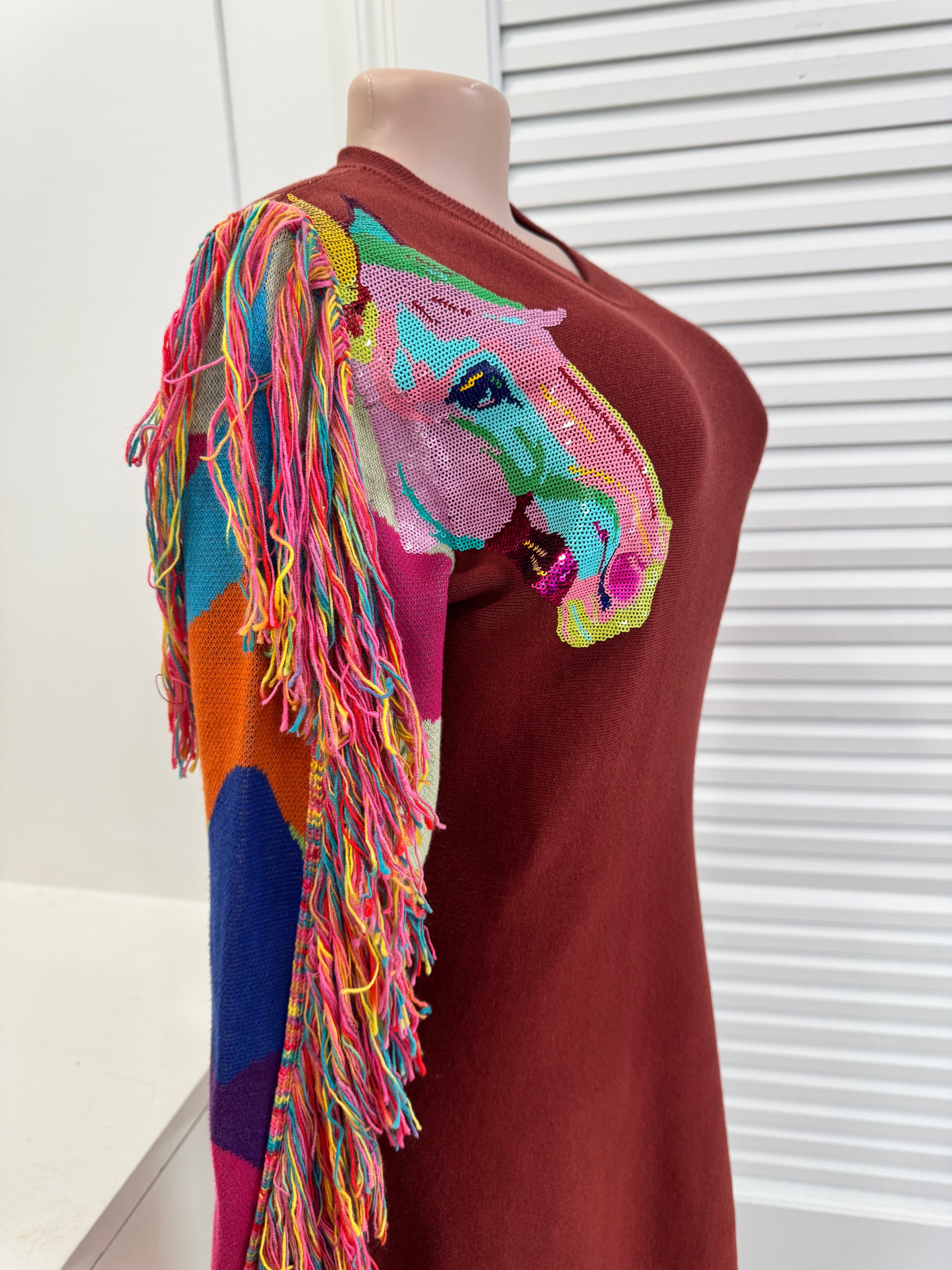 Queen of Sparkles-Brown Knit Dress with Fringe Horse Hair