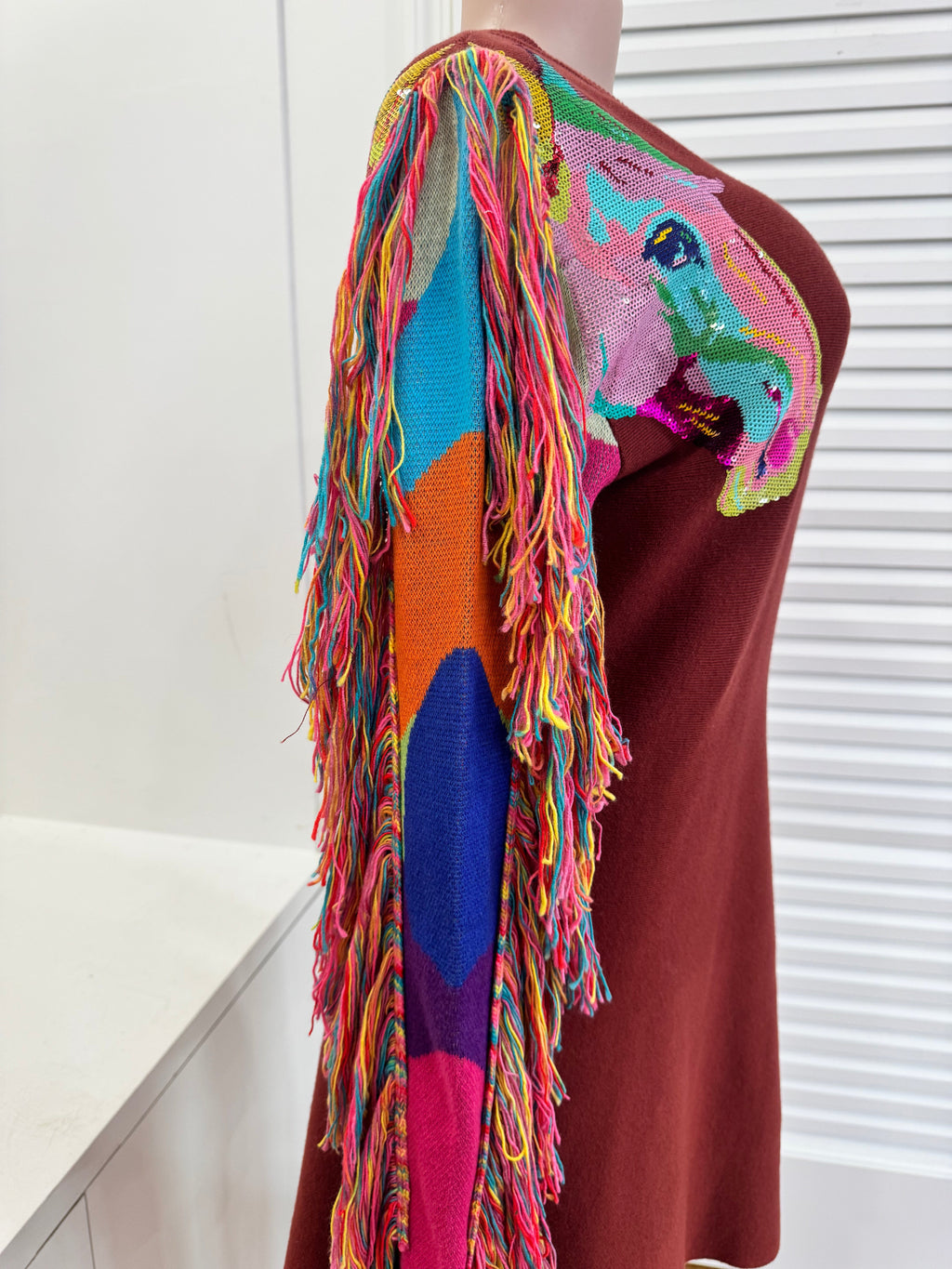 Queen of Sparkles-Brown Knit Dress with Fringe Horse Hair