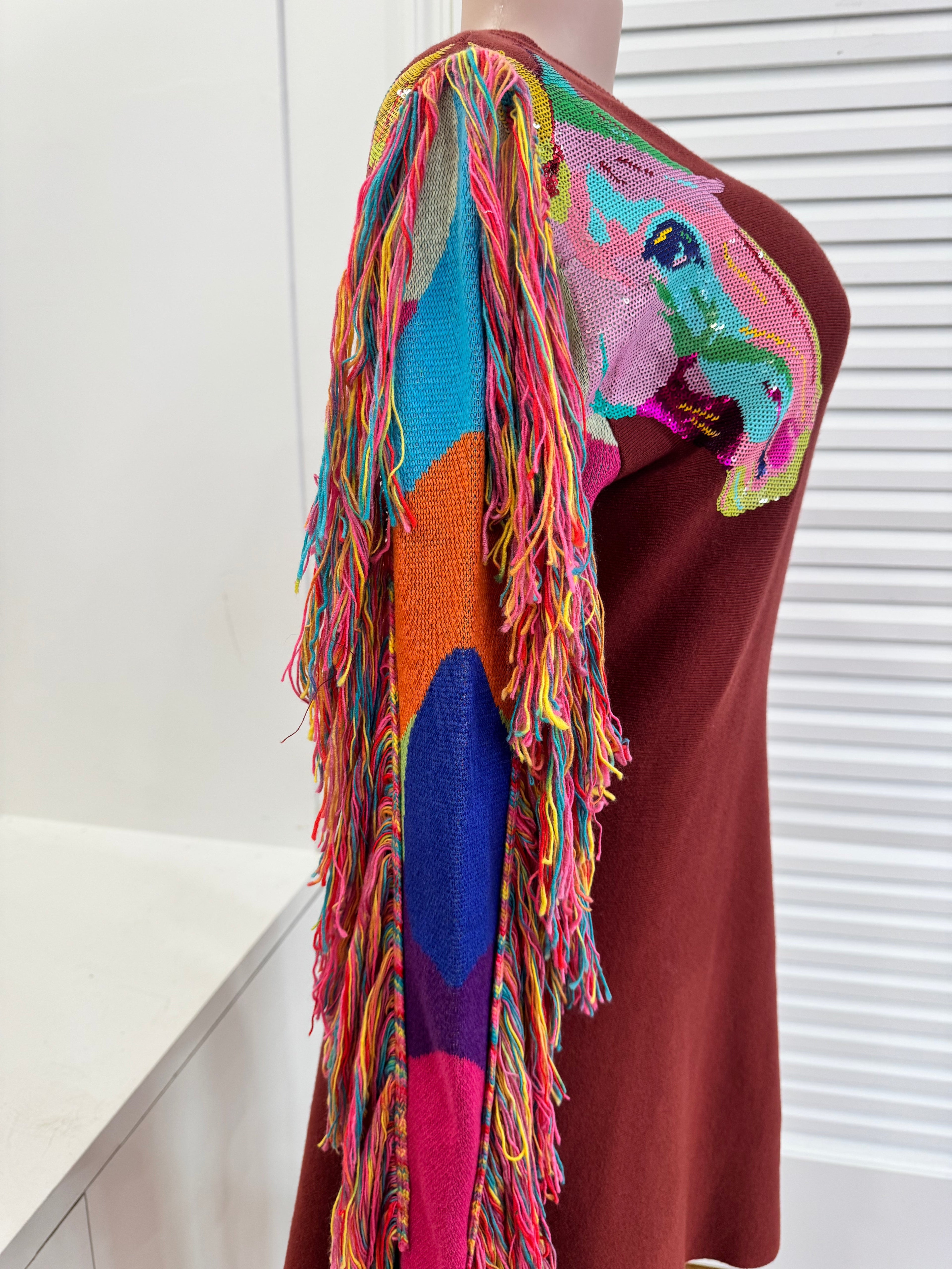 Queen of Sparkles-Brown Knit Dress with Fringe Horse Hair