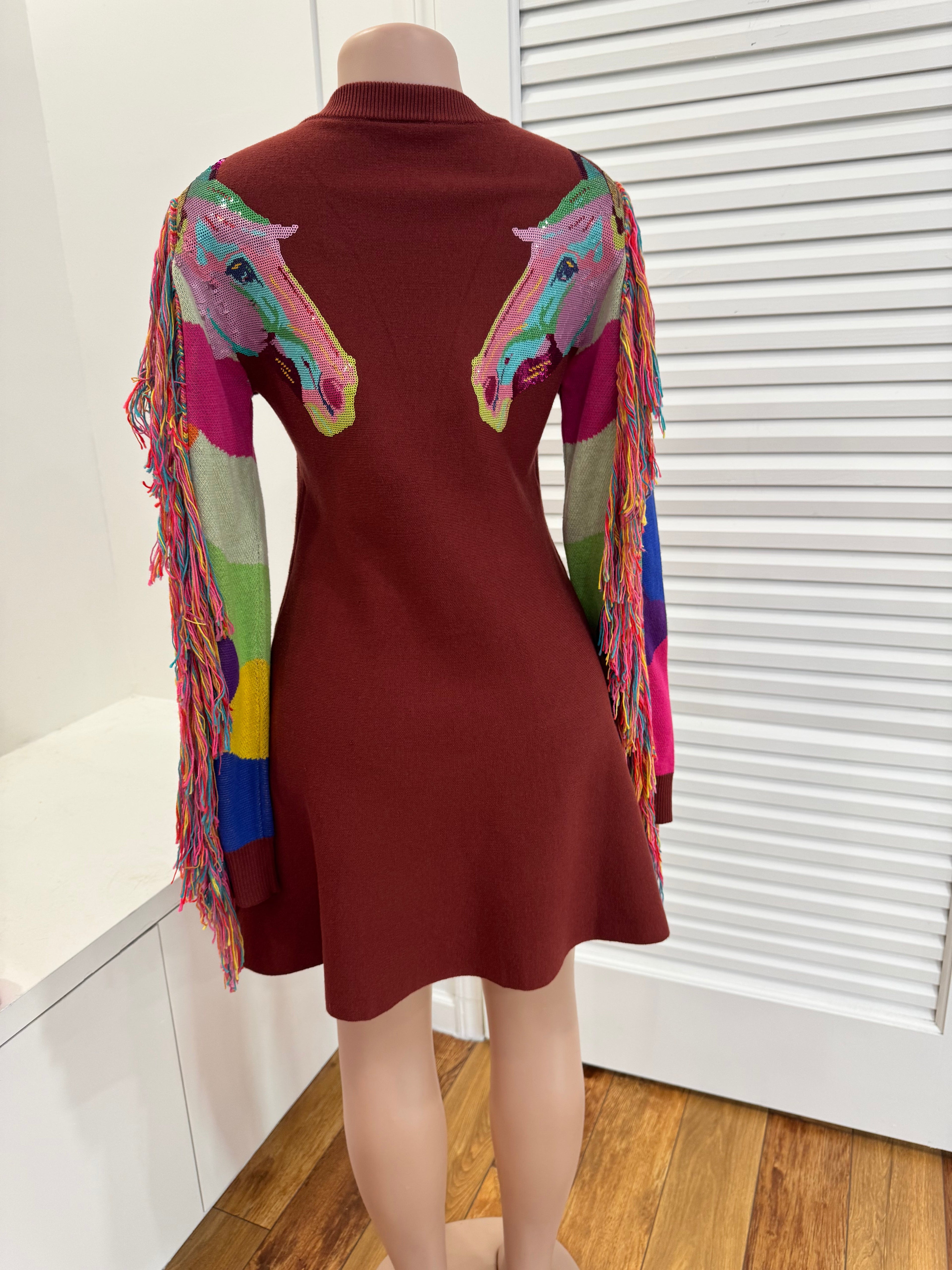 Queen of Sparkles-Brown Knit Dress with Fringe Horse Hair