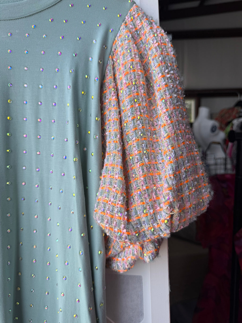 Queen of Sparkles - Light Blue Sparkle Dress Plaid Sleeves