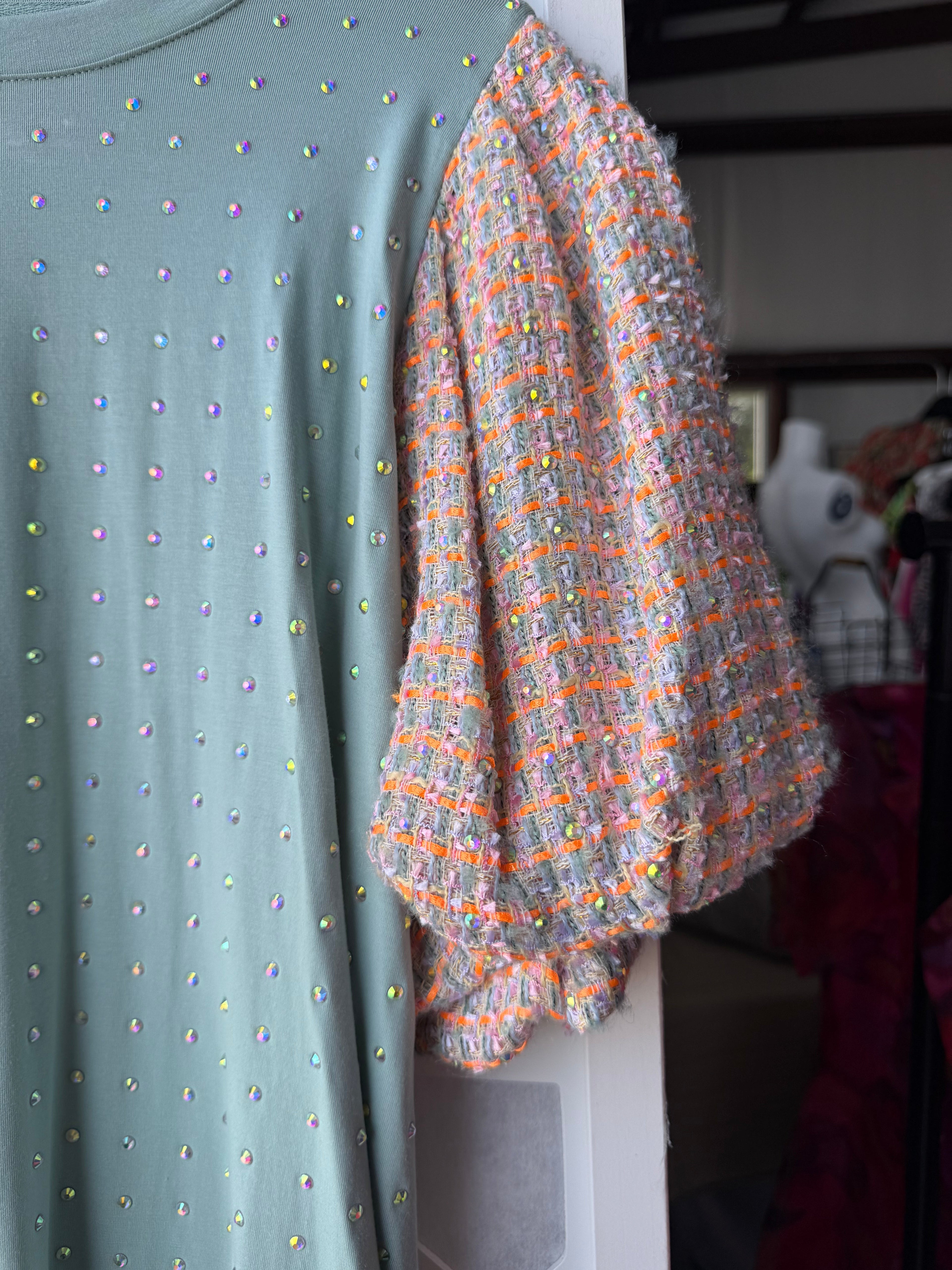 Queen of Sparkles - Light Blue Sparkle Dress Plaid Sleeves