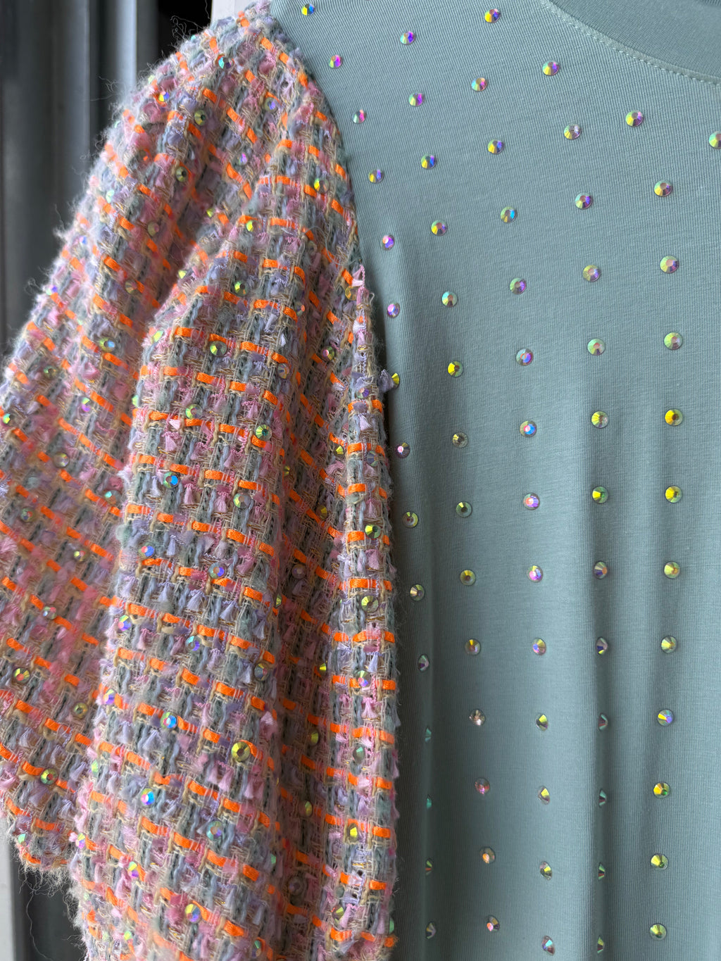 Queen of Sparkles - Light Blue Sparkle Dress Plaid Sleeves