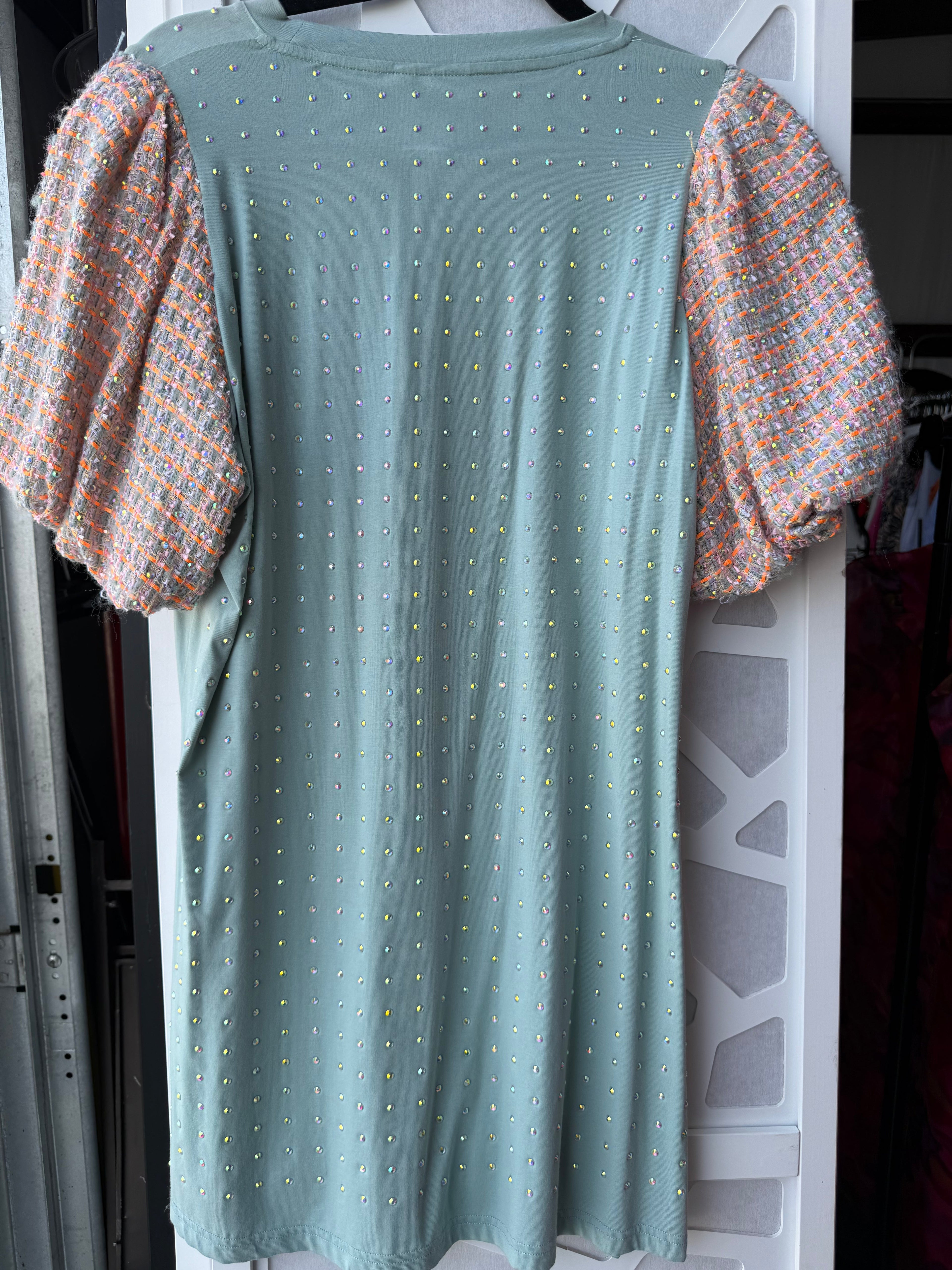 Queen of Sparkles - Light Blue Sparkle Dress Plaid Sleeves