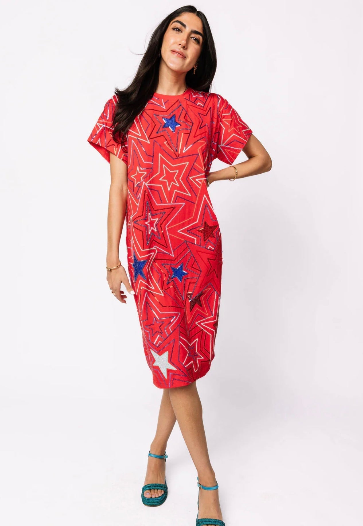 Queen of Sparkles - Red, White, Blue Star Midi Tee Dress