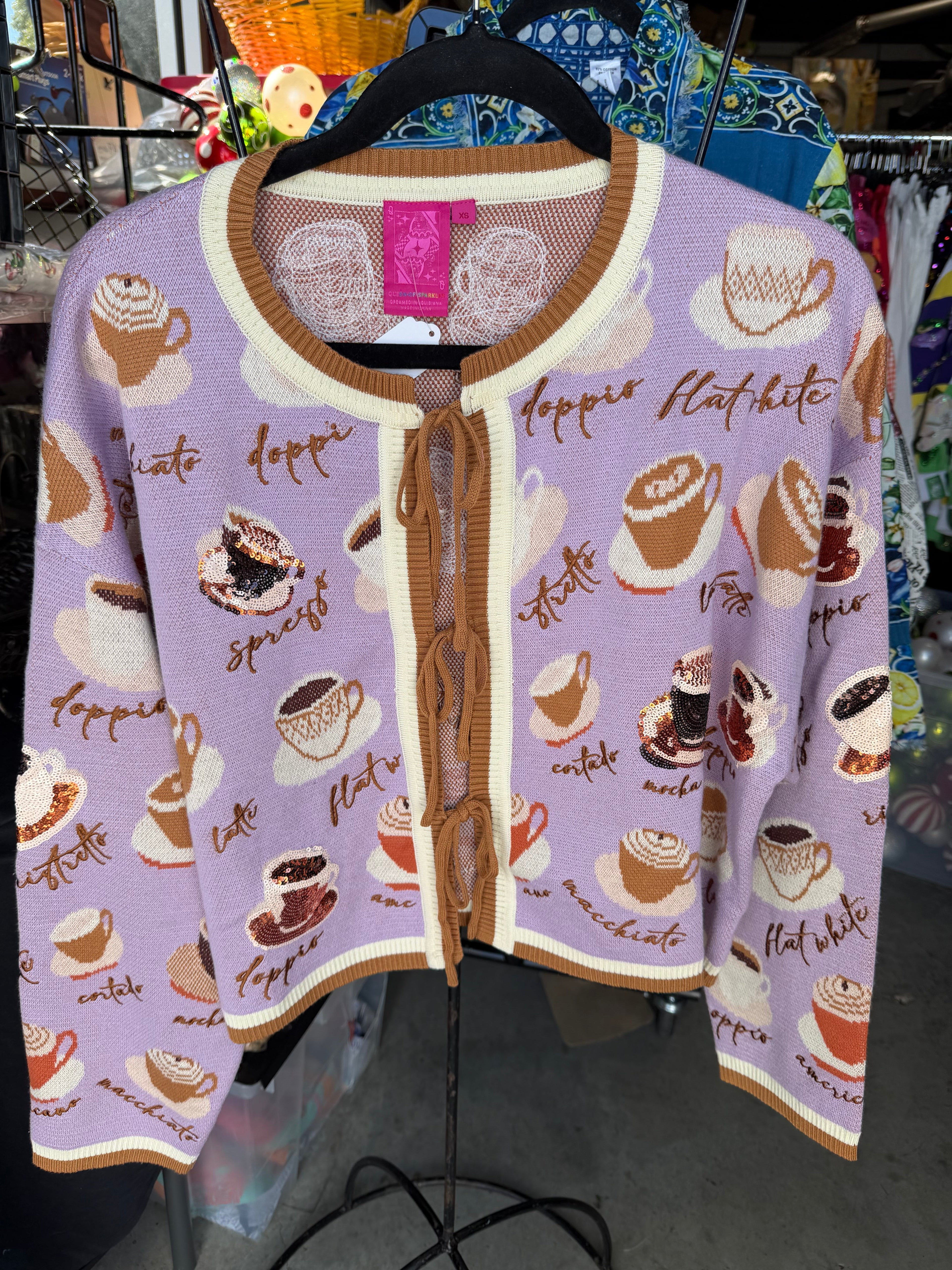 Queen of Sparkles - Lavender Types of Coffee Tie Sweater