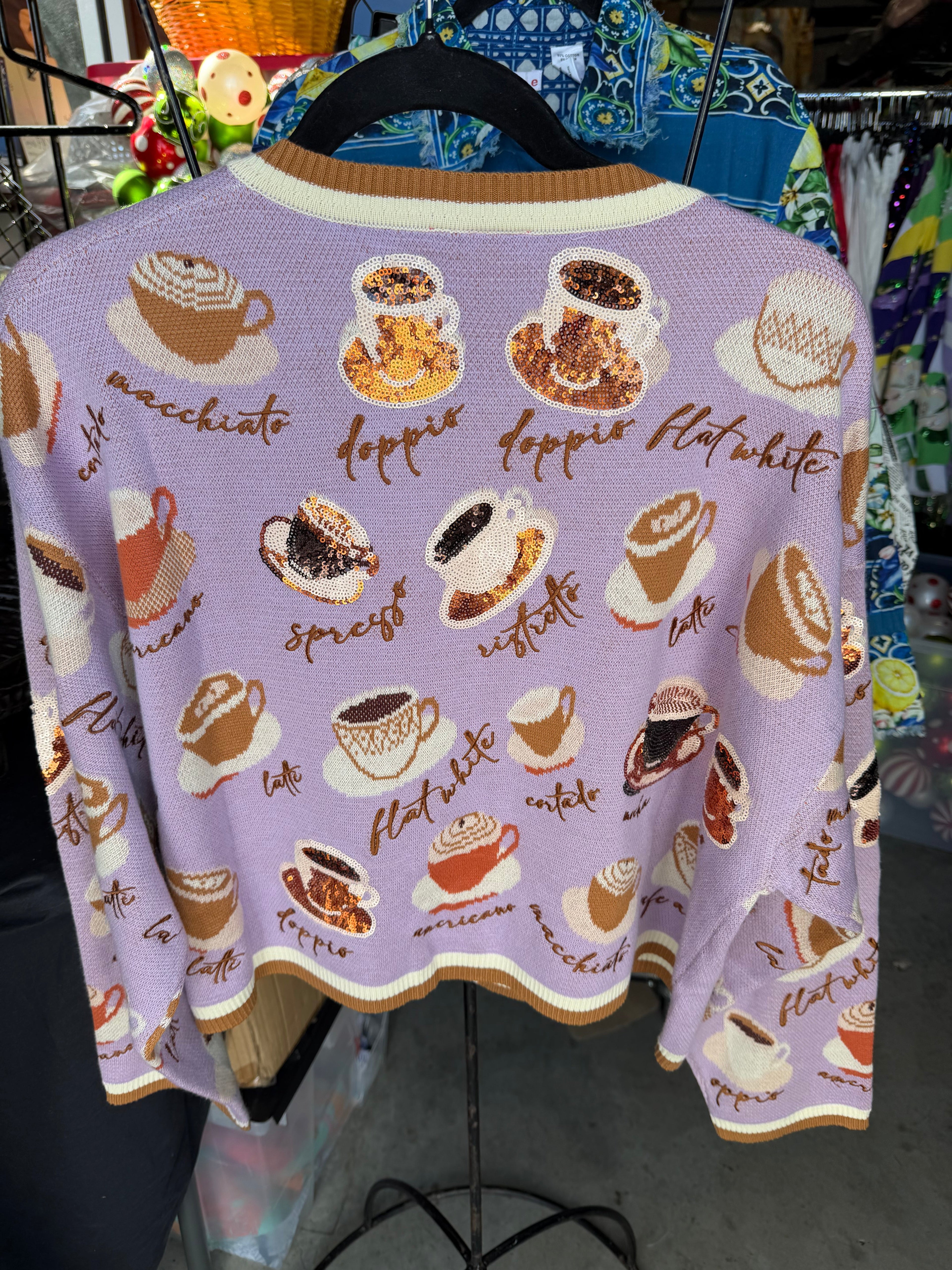 Queen of Sparkles - Lavender Types of Coffee Tie Sweater