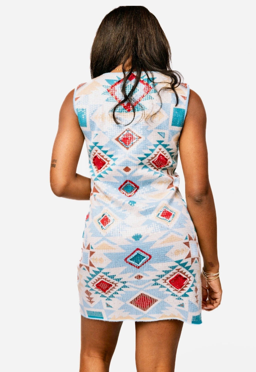 Queen Of Sparkles - Multi Sequin Aztec Print Knit Tank Dress