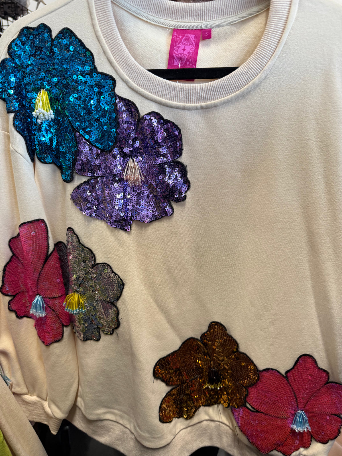 Queen of Sparkles-Beige Oversized Flower Sweatshirt