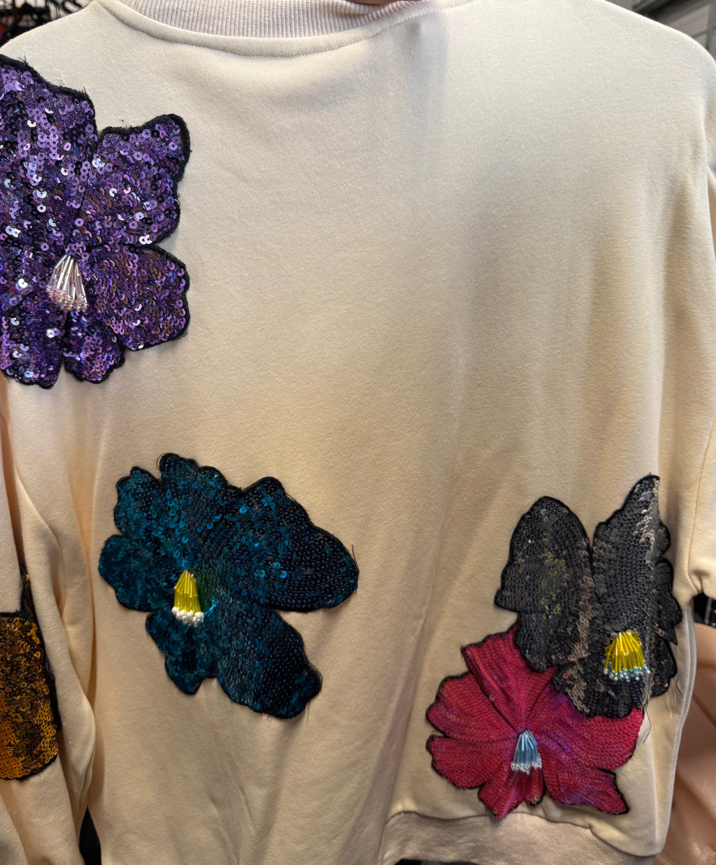 Queen of Sparkles-Beige Oversized Flower Sweatshirt