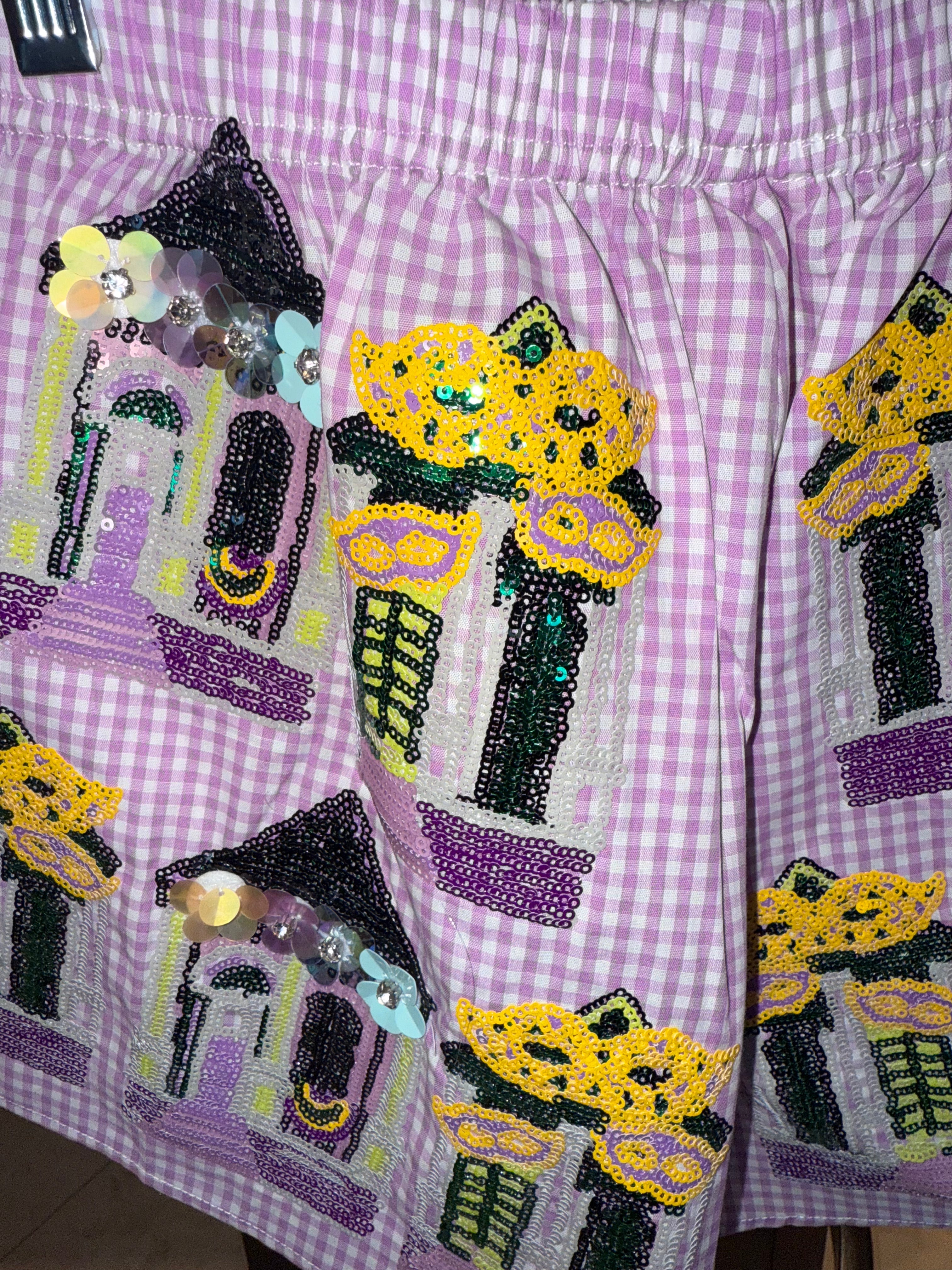 Queen of Sparkles-Mardi Gras Porches Gingham Shorts
