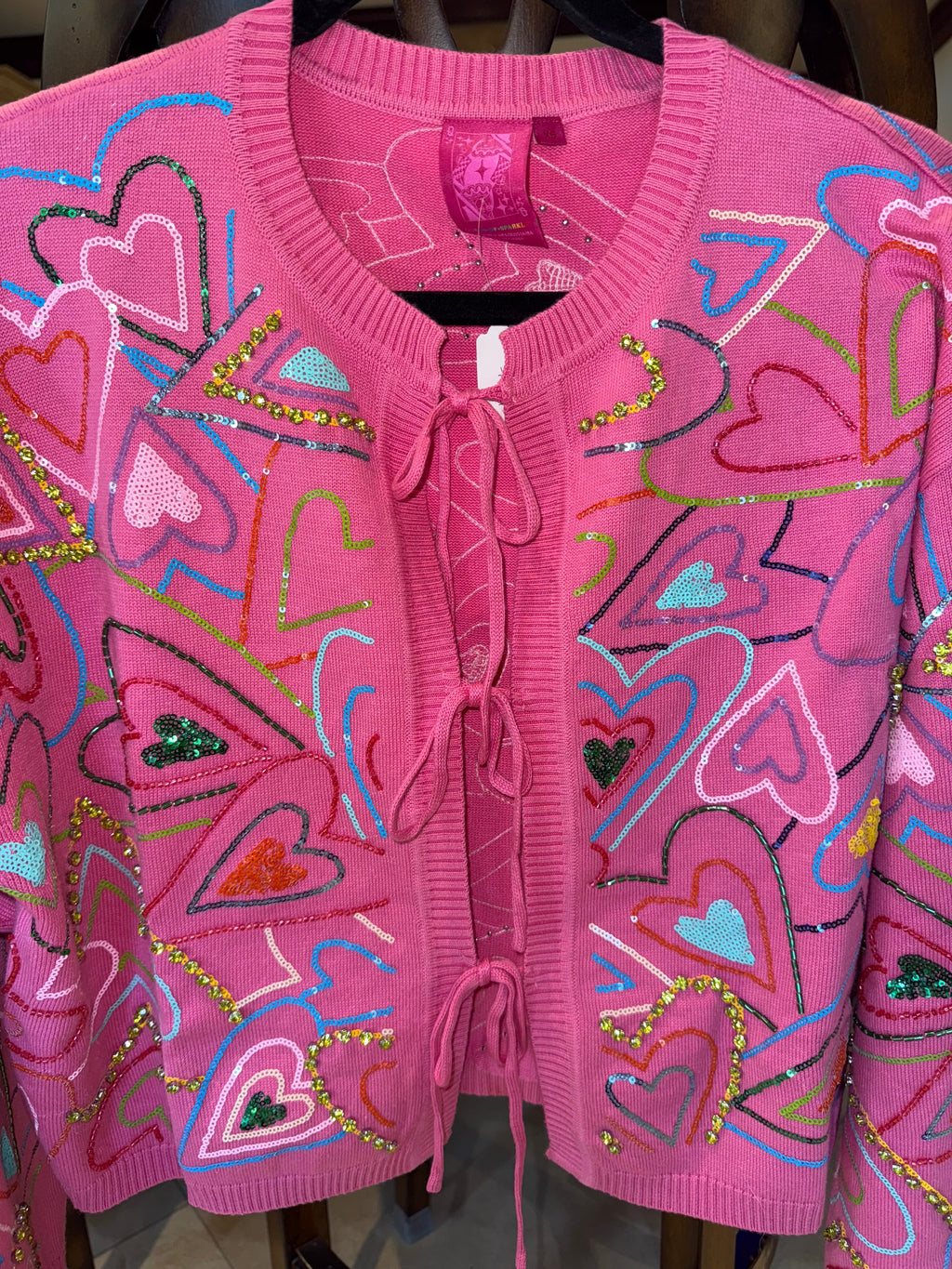 Queen of Sparkles - Pink Multi Hearts Tie Cardigan