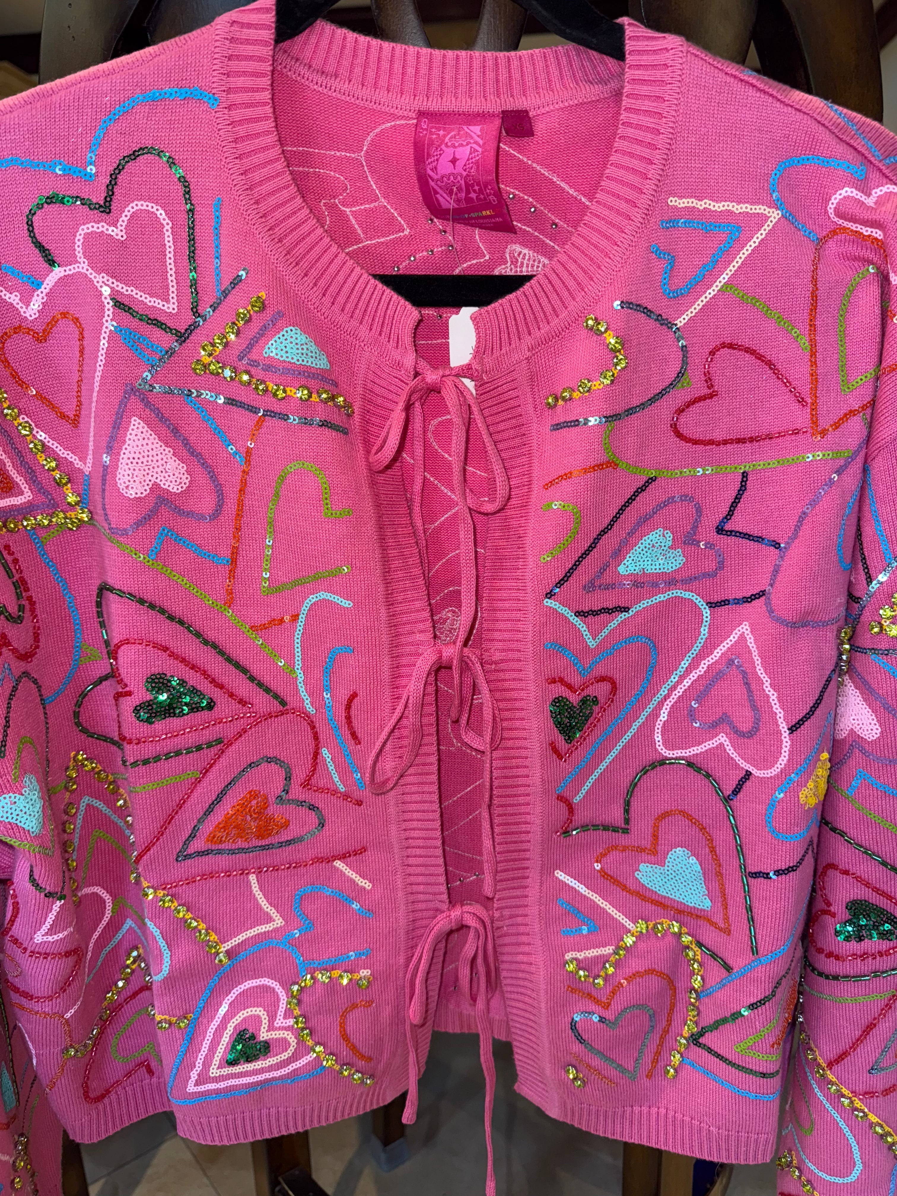 Queen of Sparkles - Pink Multi Hearts Tie Cardigan