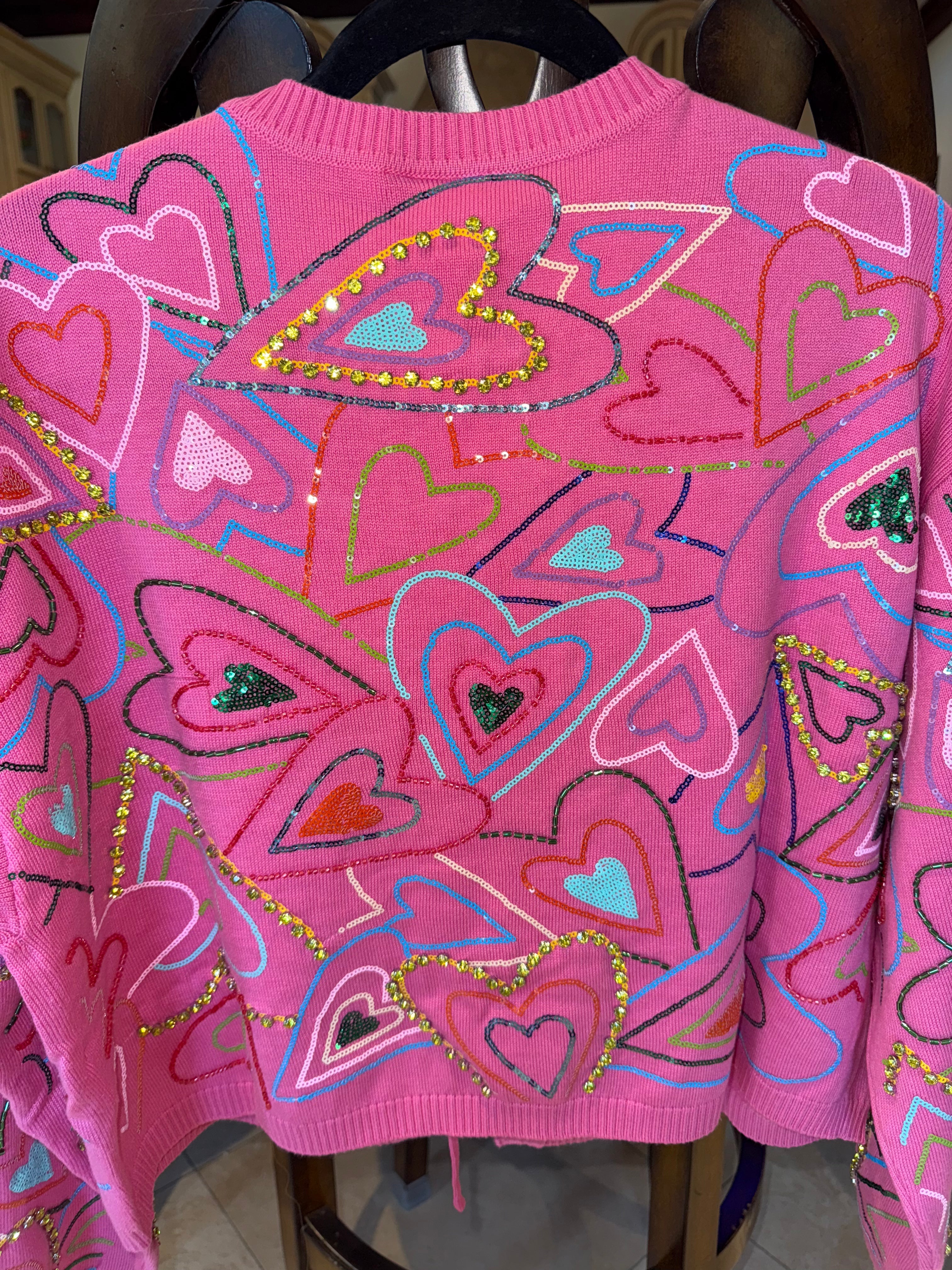 Queen of Sparkles - Pink Multi Hearts Tie Cardigan