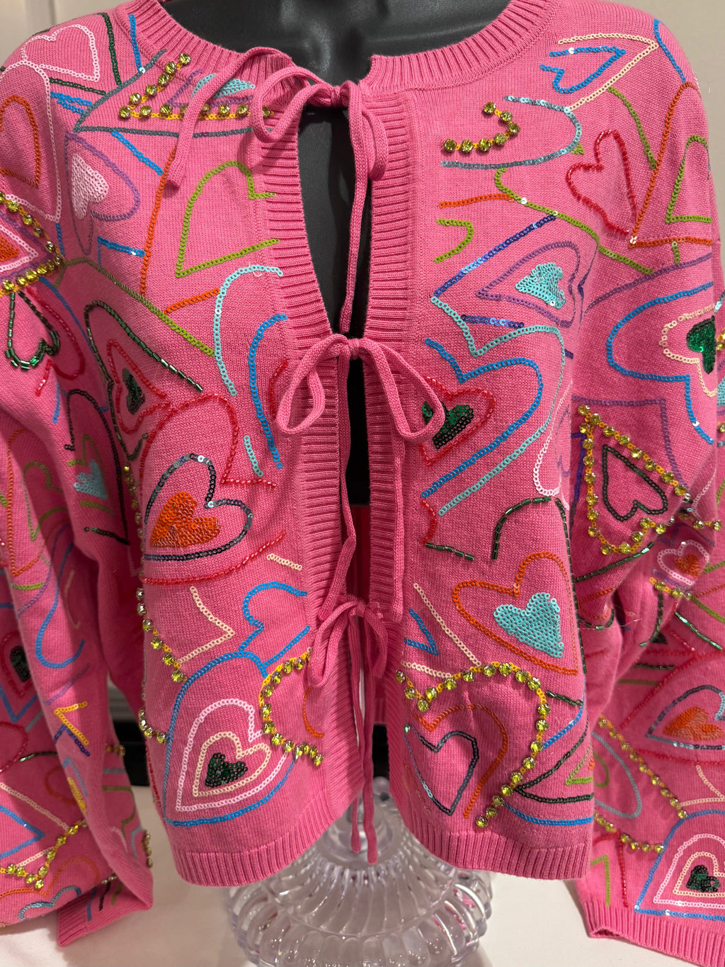 Queen of Sparkles - Pink Multi Hearts Tie Cardigan