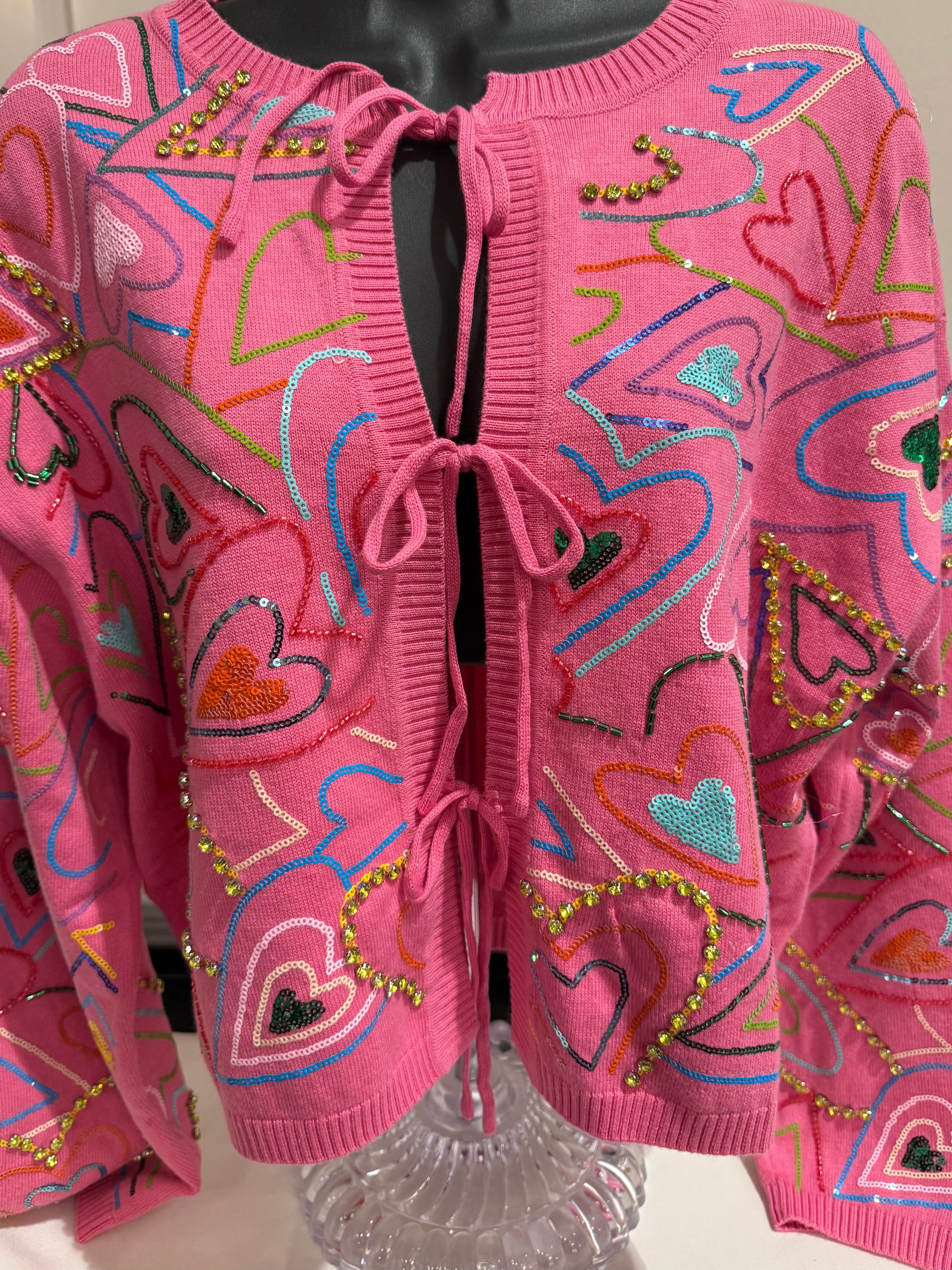 Queen of Sparkles - Pink Multi Hearts Tie Cardigan