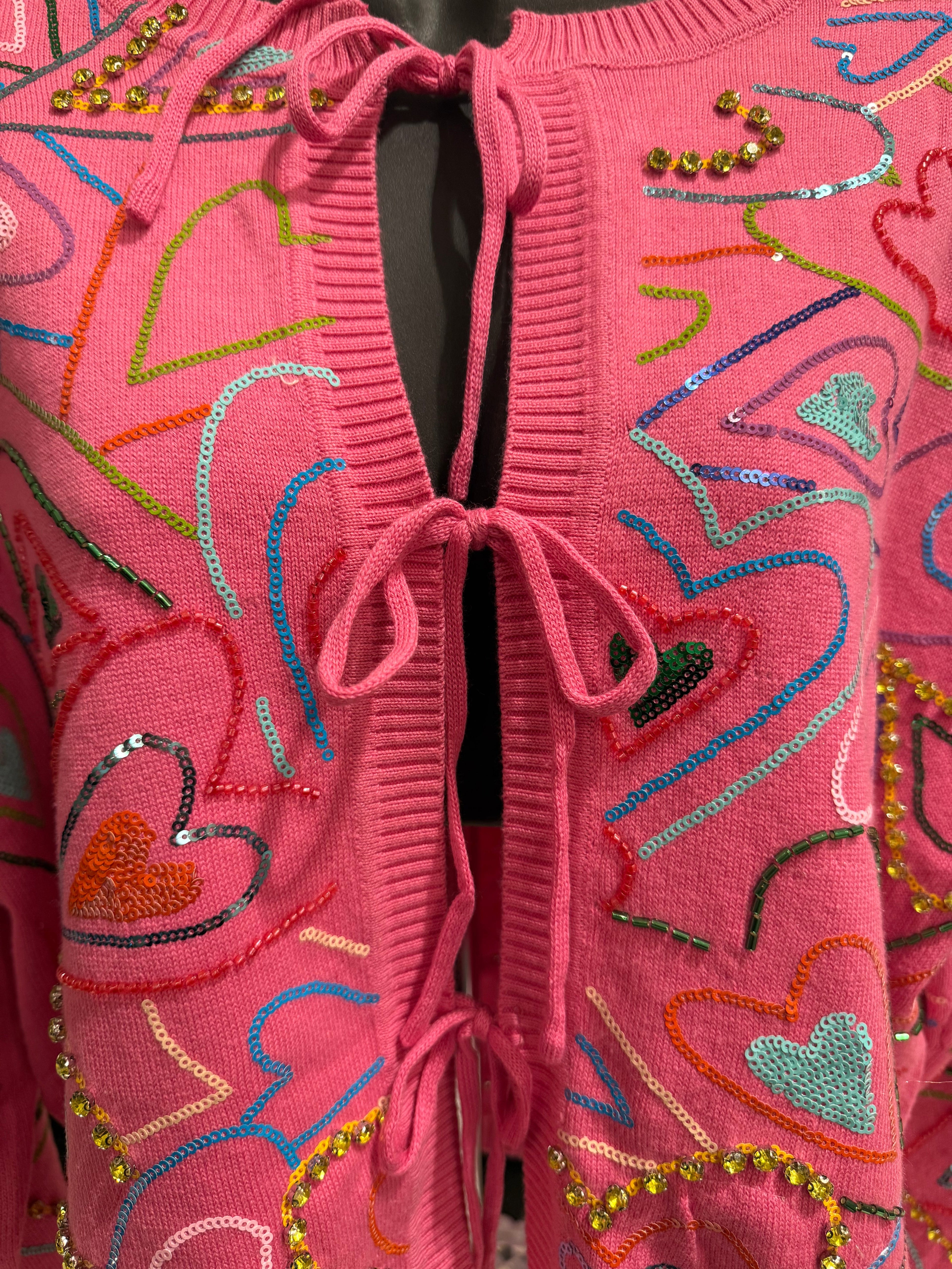 Queen of Sparkles - Pink Multi Hearts Tie Cardigan