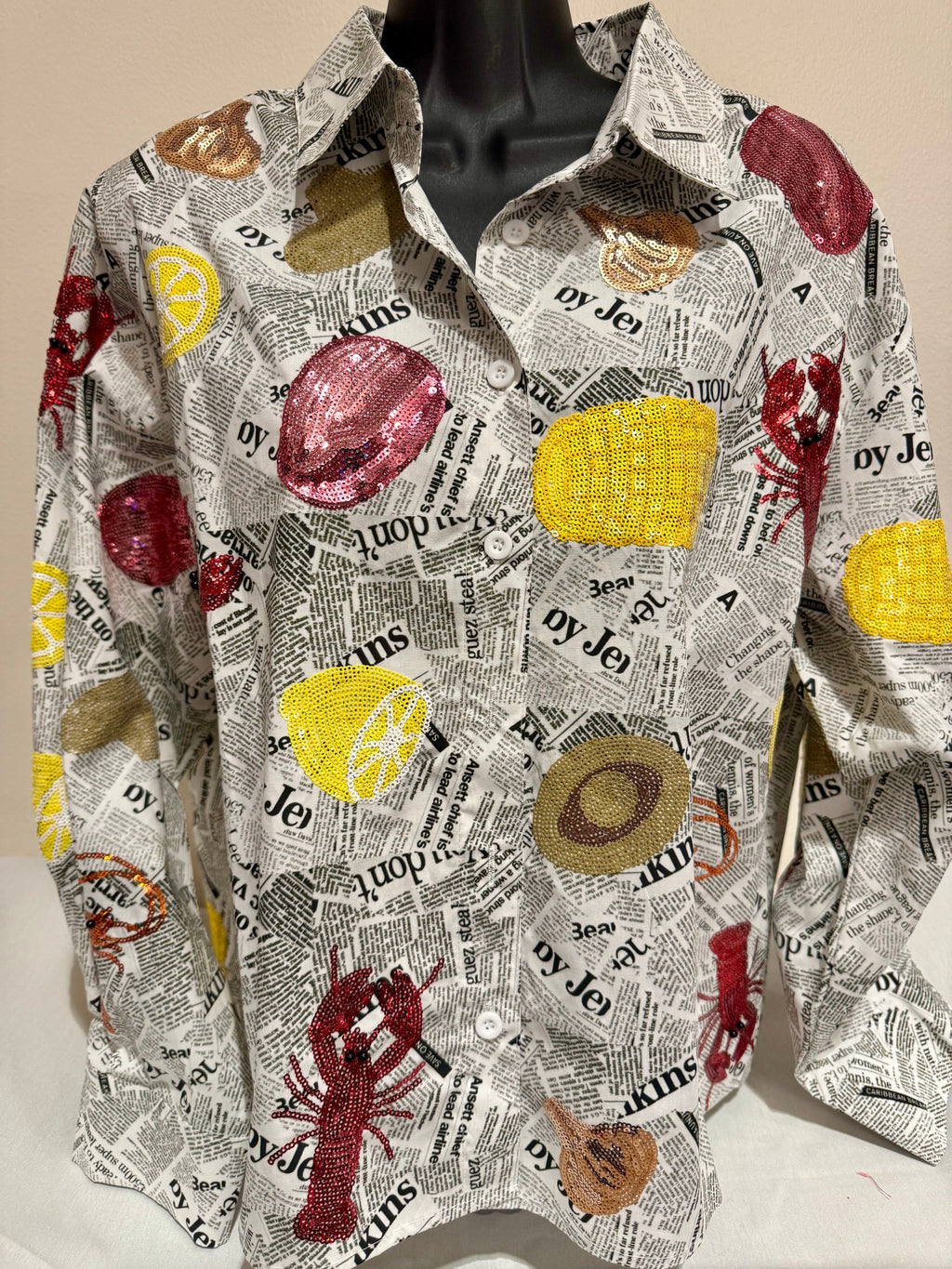 Queen of Sparkles - Crawfish Newspaper Button Up Top