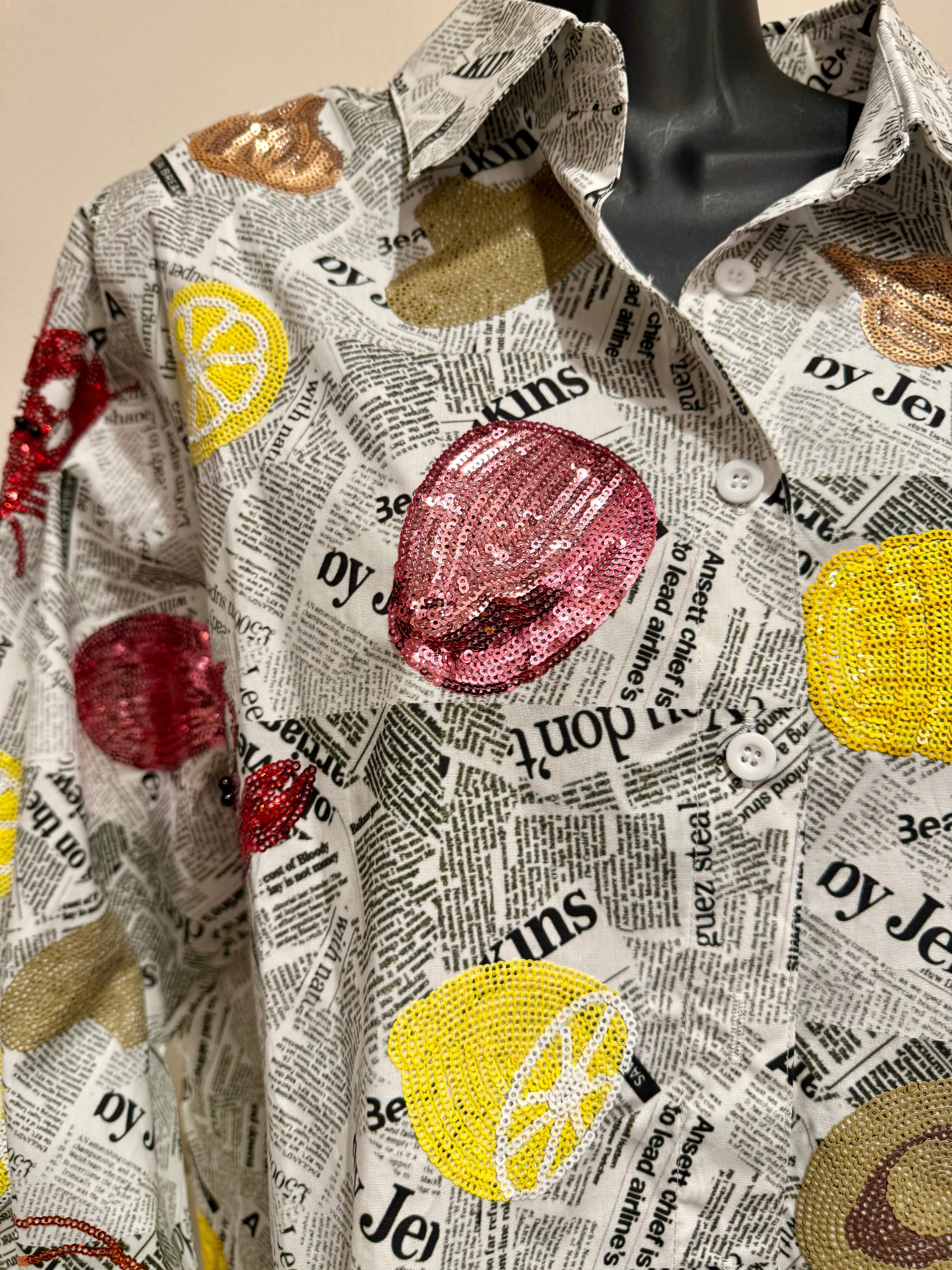 Queen of Sparkles - Crawfish Newspaper Button Up Top