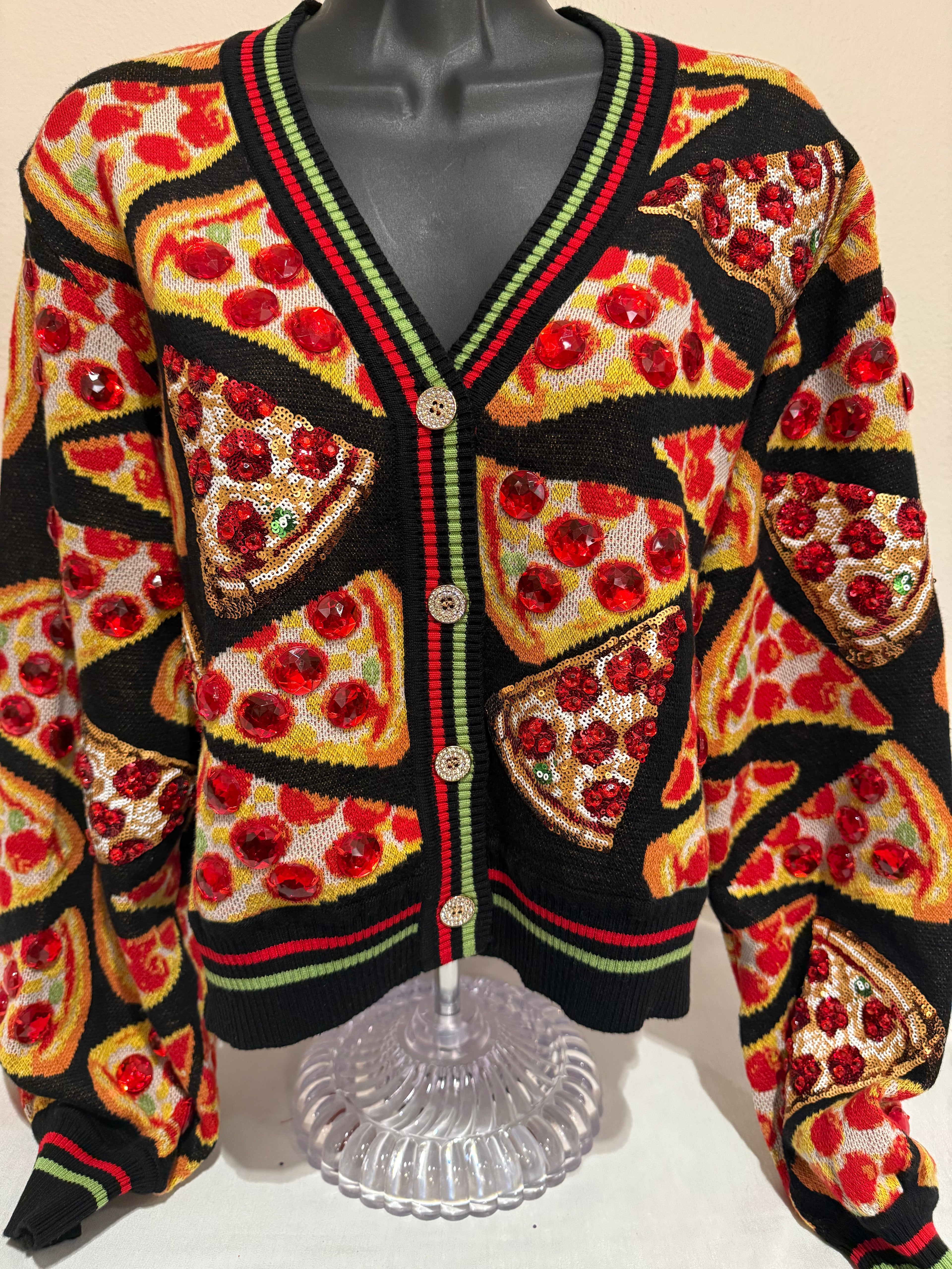 Queen of Sparkles - Black Pizza Cardigan Sweater