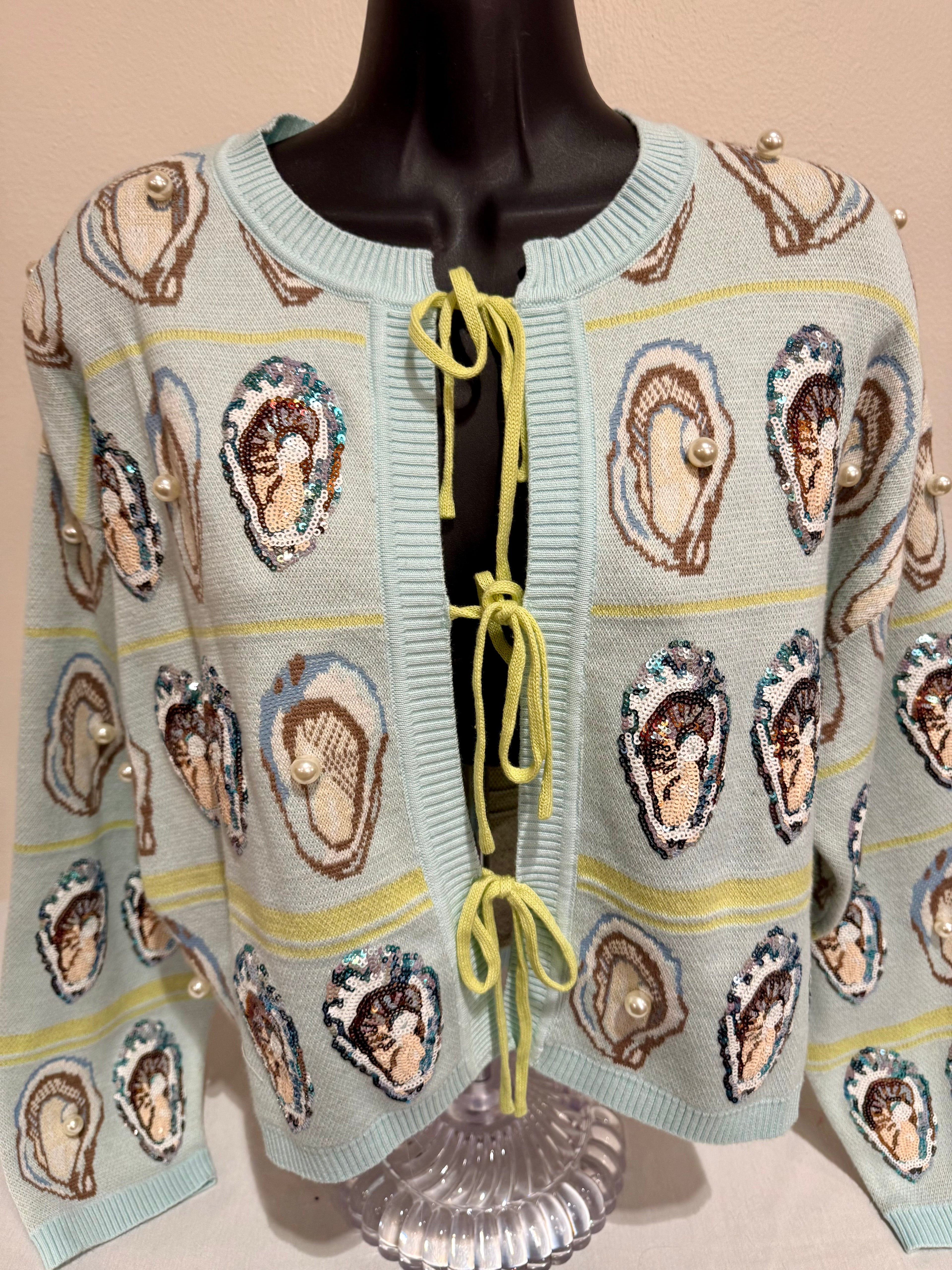 Queen of Sparkles - Oysters with Pearls Cardigan Tie Front Sweater