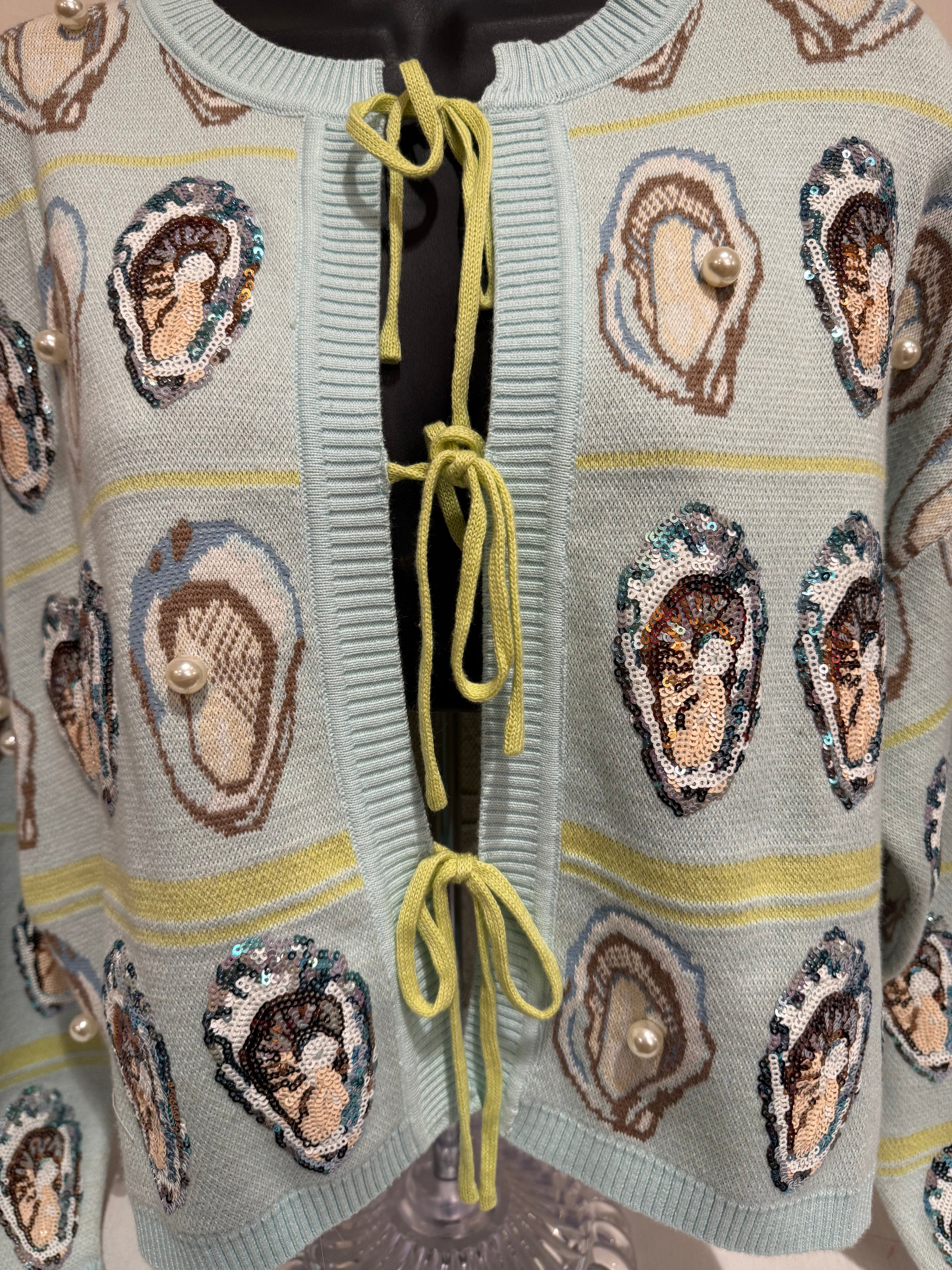 Queen of Sparkles - Oysters with Pearls Cardigan Tie Front Sweater