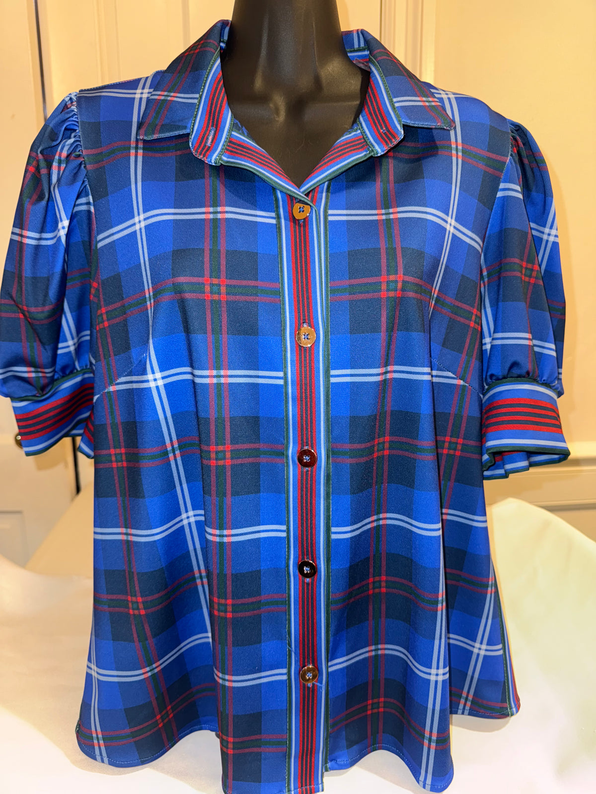 Gretchen Scott - Puff Sleeve Top - Middleton Plaid Blue