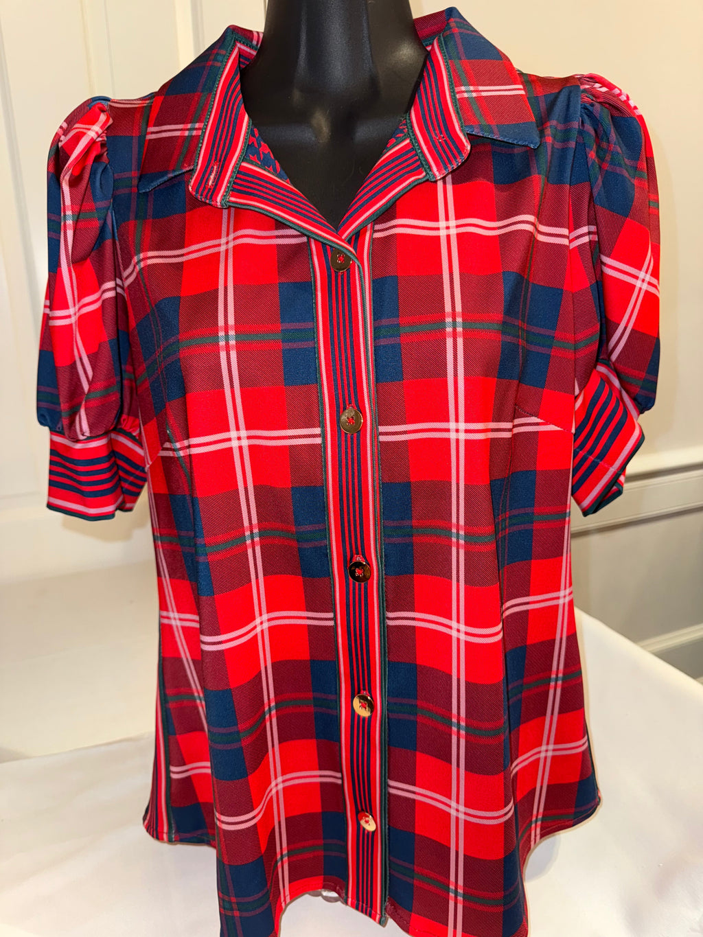 Gretchen Scott - Puff Sleeve Top - Middleton Plaid Red