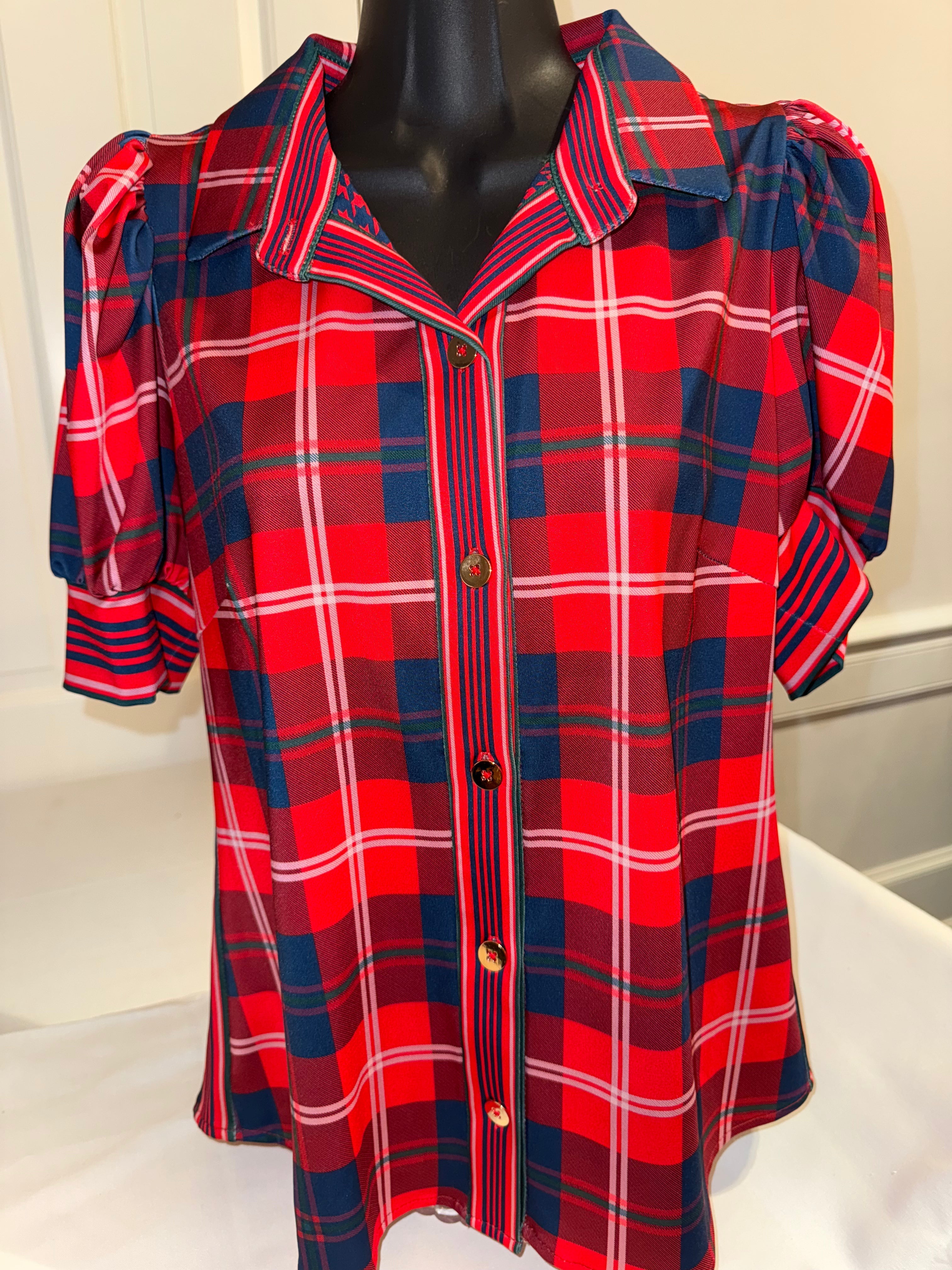 Gretchen Scott - Puff Sleeve Top - Middleton Plaid Red