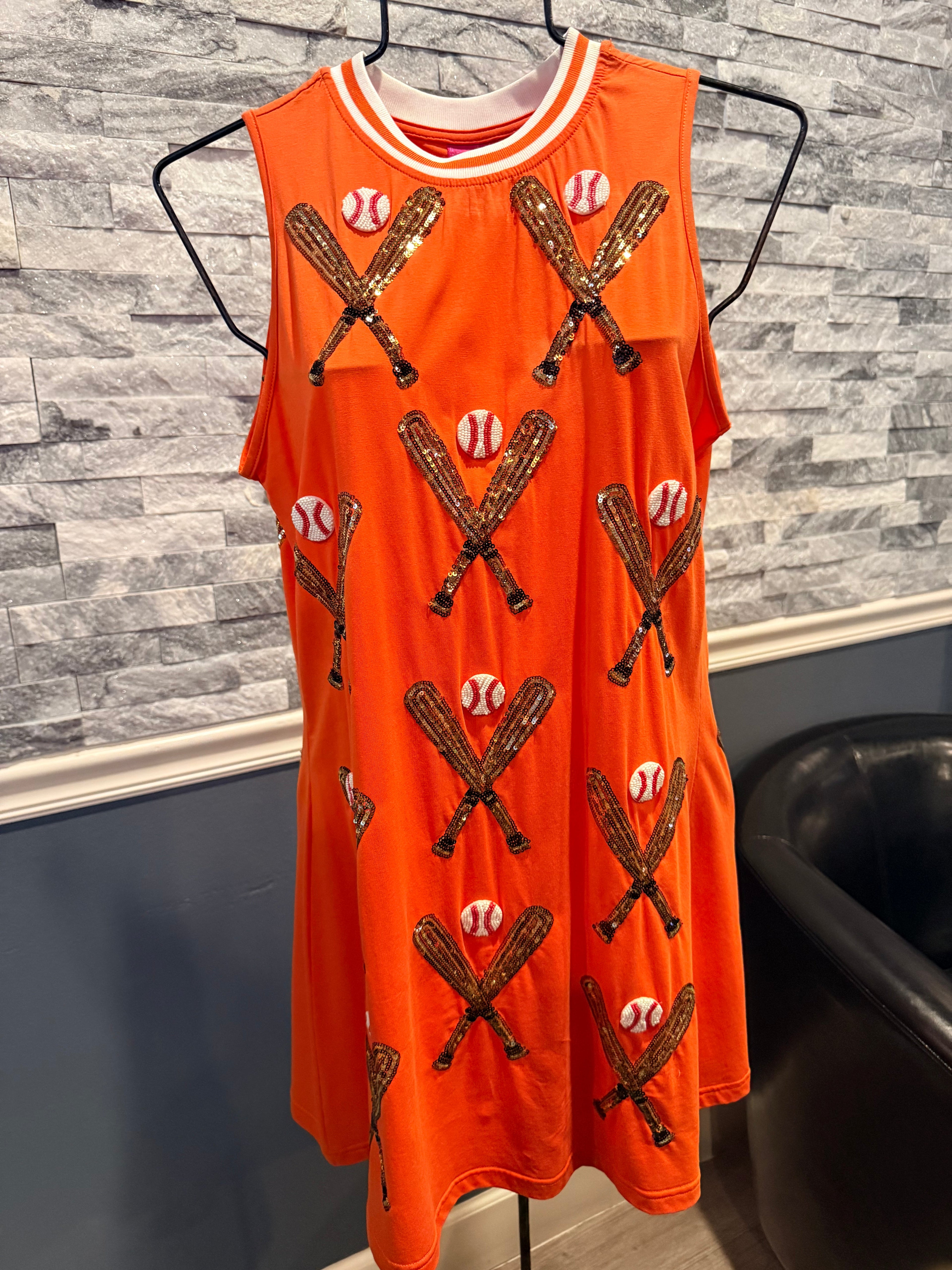Queen of Sparkles - Orange Baseballs & Bats Tank Dress